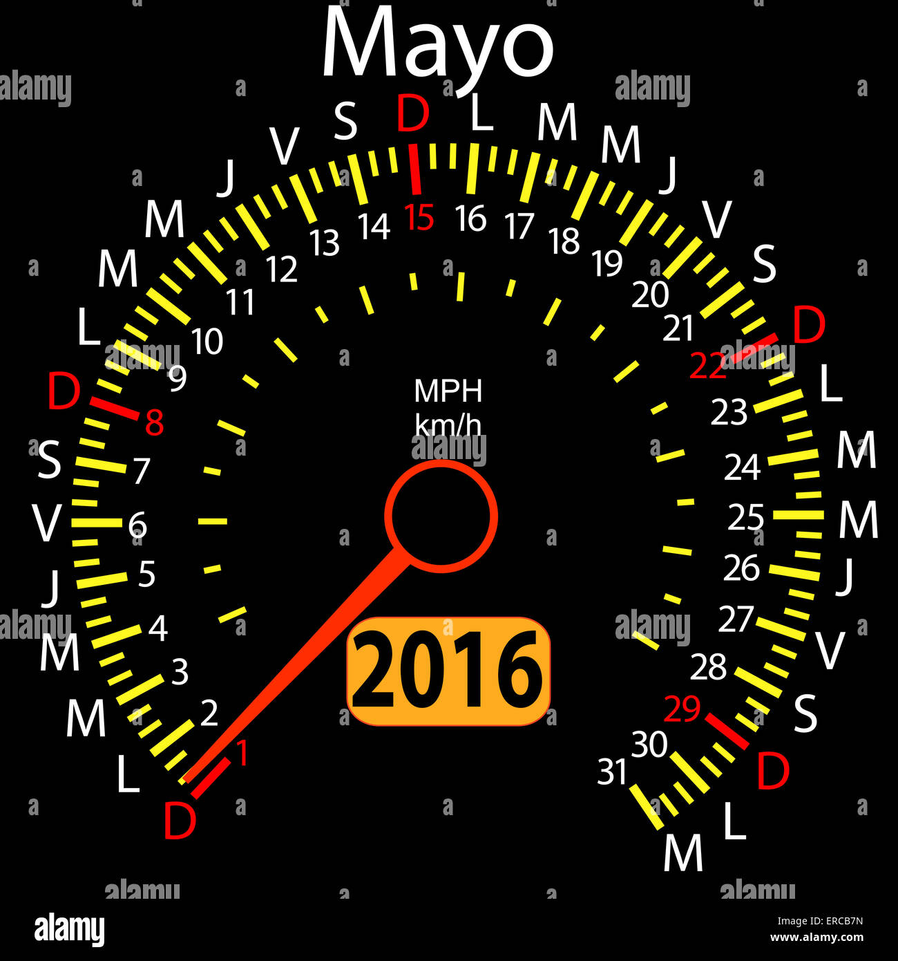 2016 year calendar speedometer car in Spanish, May Stock Photo Alamy