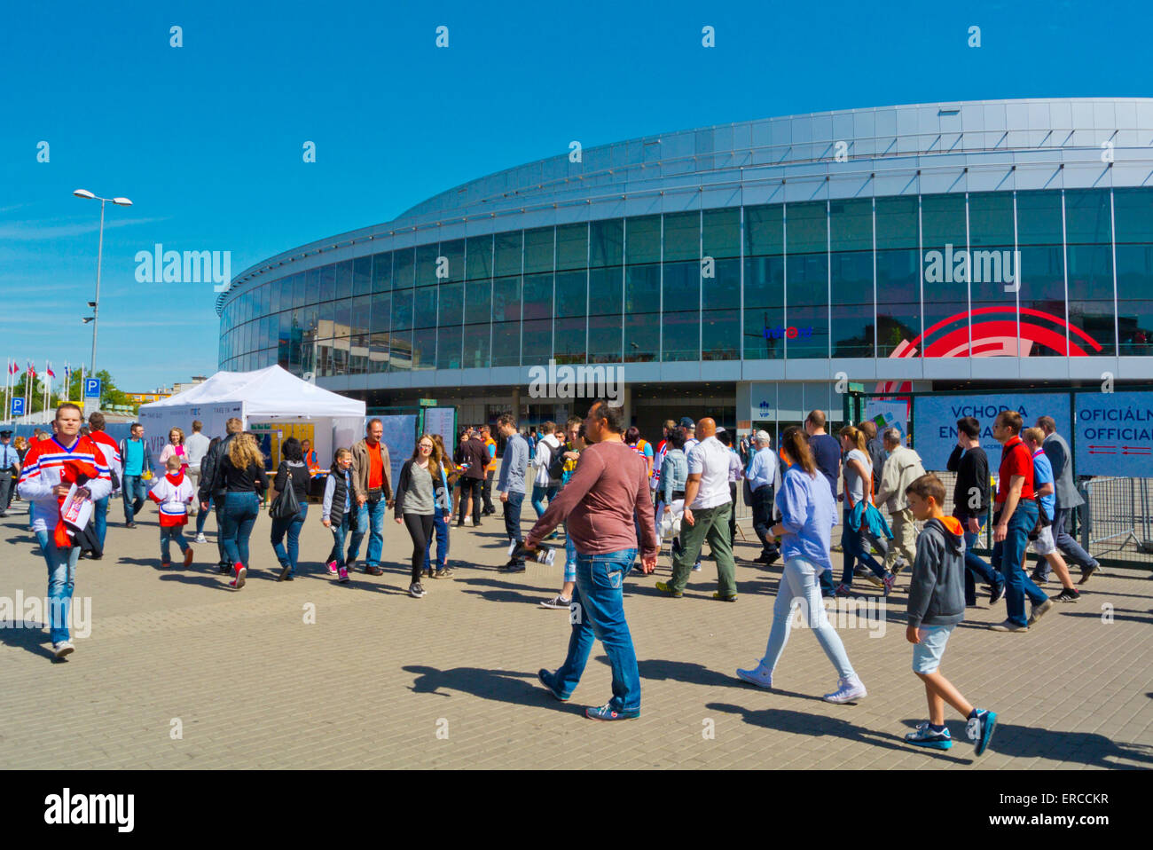Fans outside O2 arena, during 2015 Ice Hockey World Championships, Ceskomoravska, Prague, Czech Republic, Europe Stock Photo