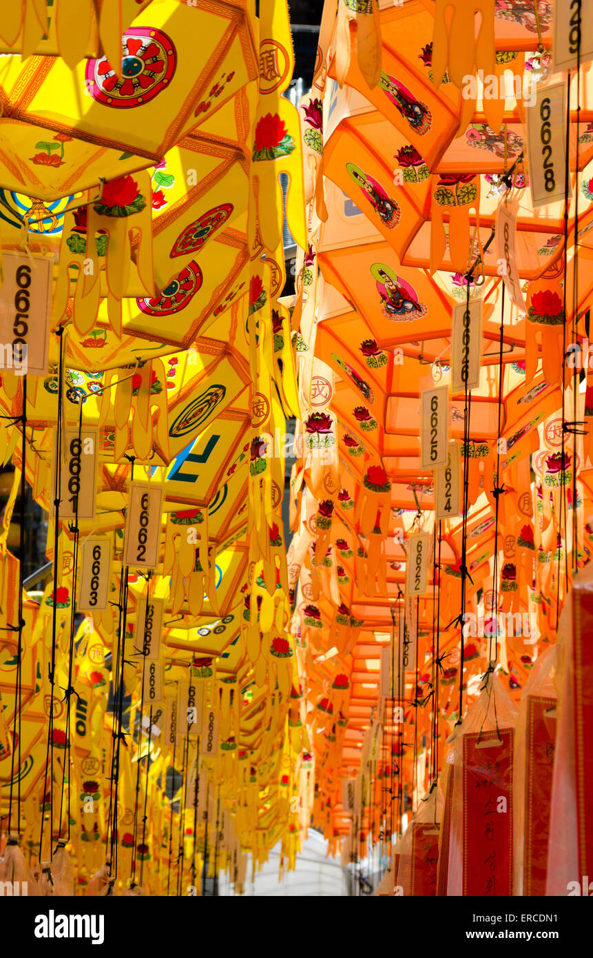 Lotus Lanterns hanging in lines - orange and yellow for Buddhas Birthday Stock Photo