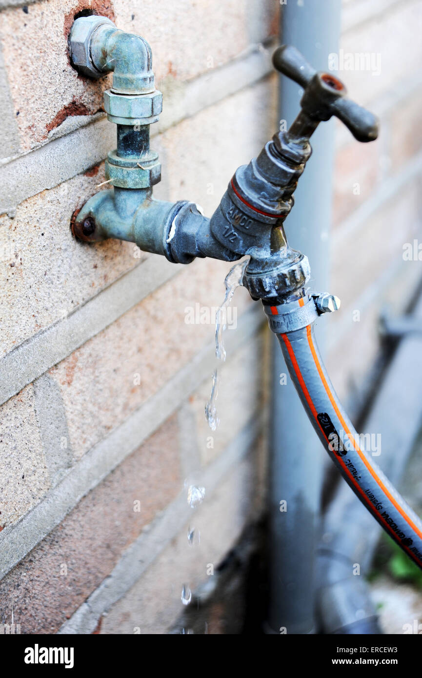 Water wasted drips from garden hose on tap joint Stock Photo