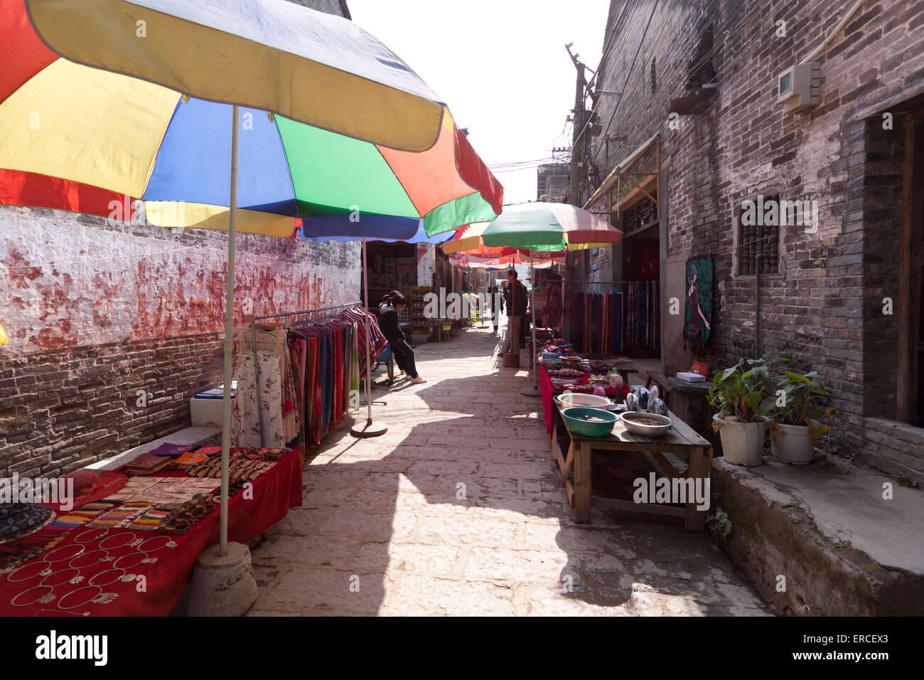 Stalls along street in China village Stock Photo