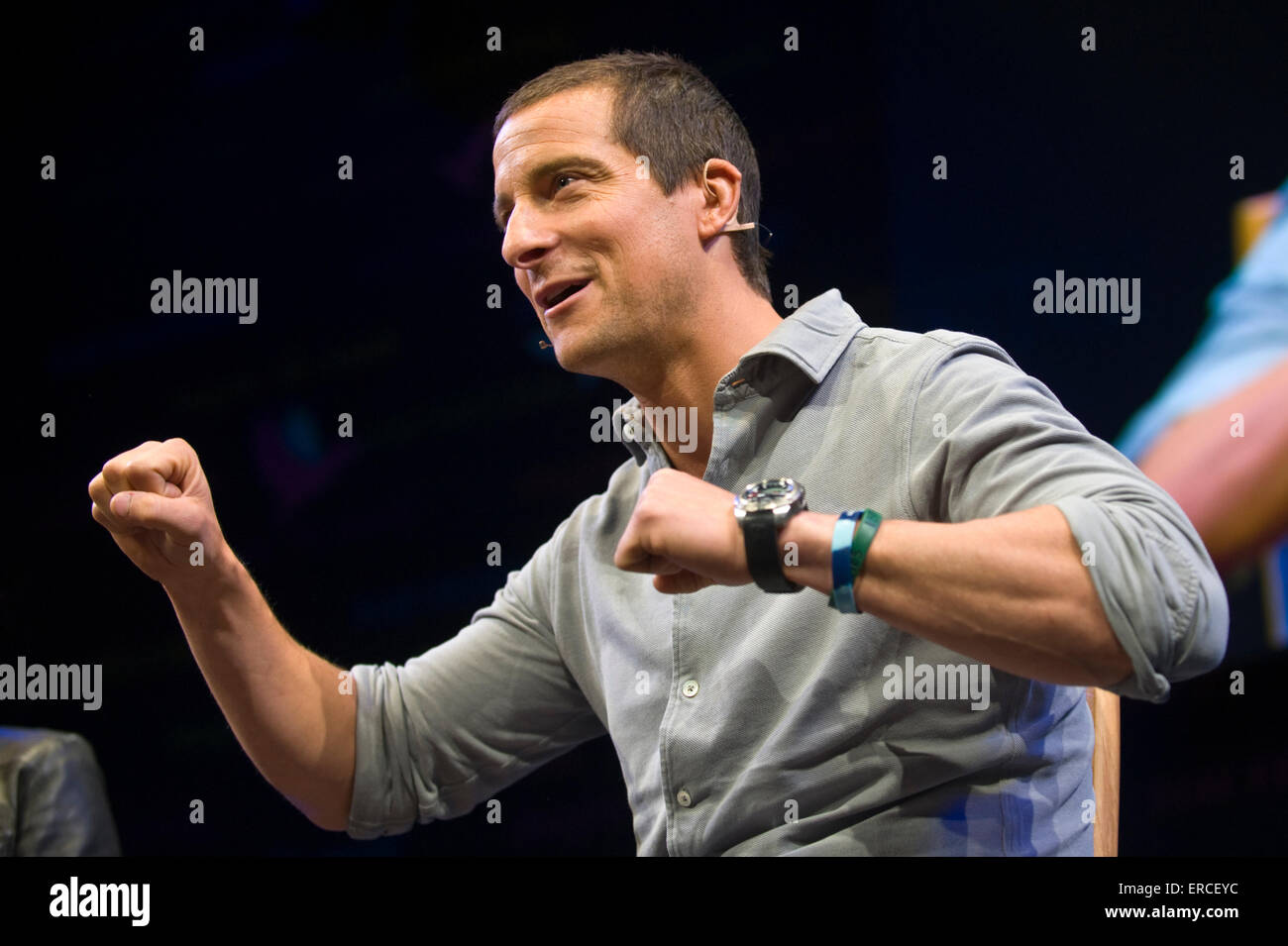 Bear Grylls author & adventurer speaking on stage at Hay Festival 2015 Stock Photo