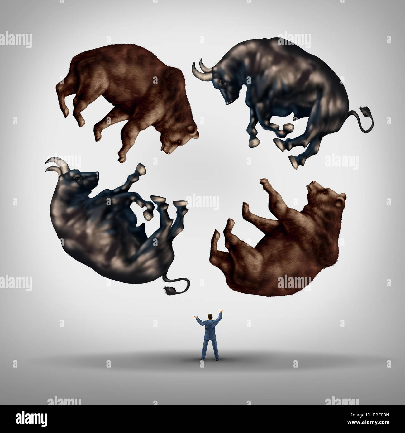 Investing in stocks concept as a financial advisor or stock broker businessman juggling a group of bears and bulls as a symbol and metaphor for the challenge and skill required for financial management of an investment portfolio. Stock Photo