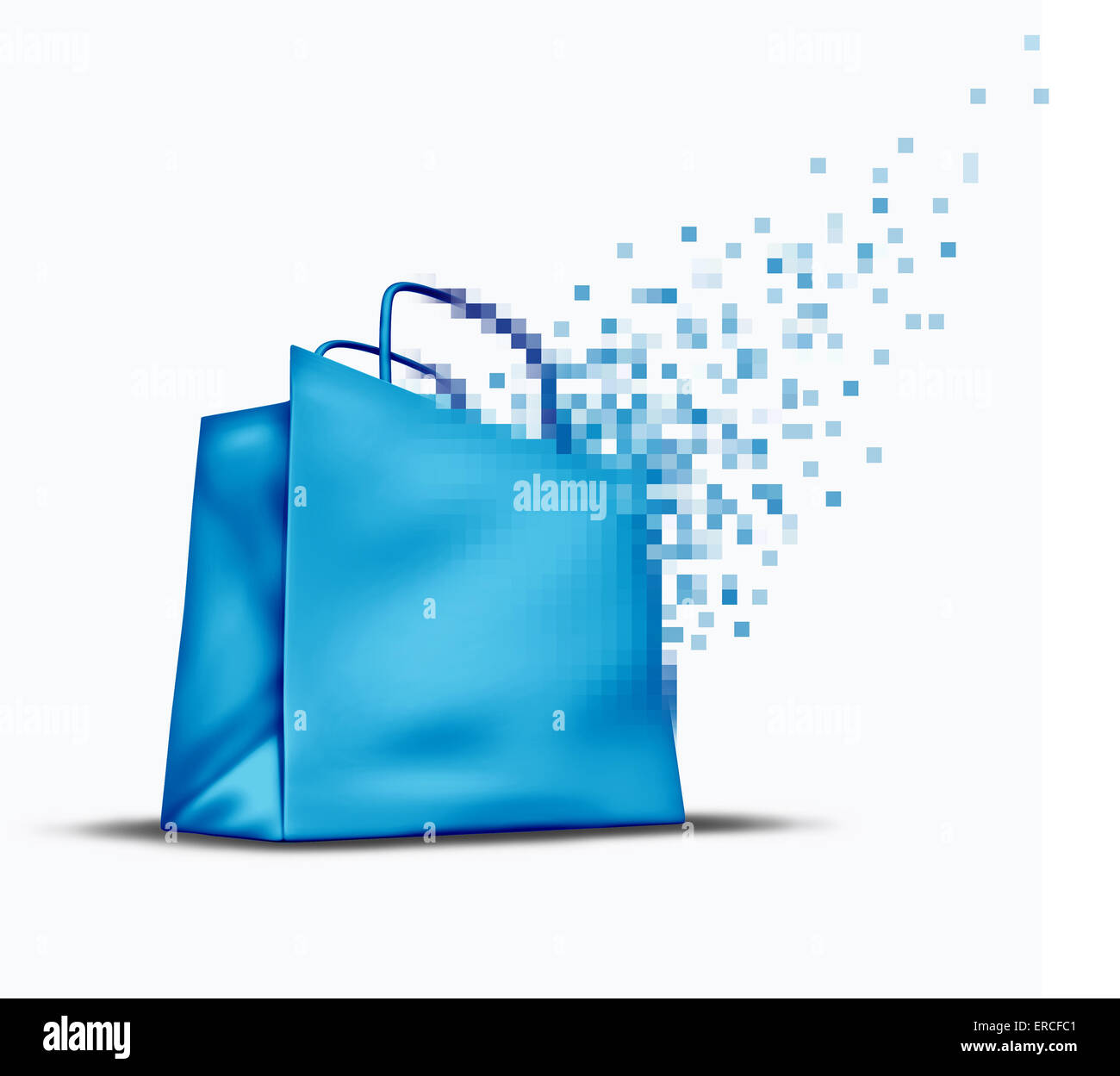 Online shopping and e-commerce concept as an internet store sale symbol with a shop bag that is transforming into digital pixels for web commerce in cyberspace. Stock Photo