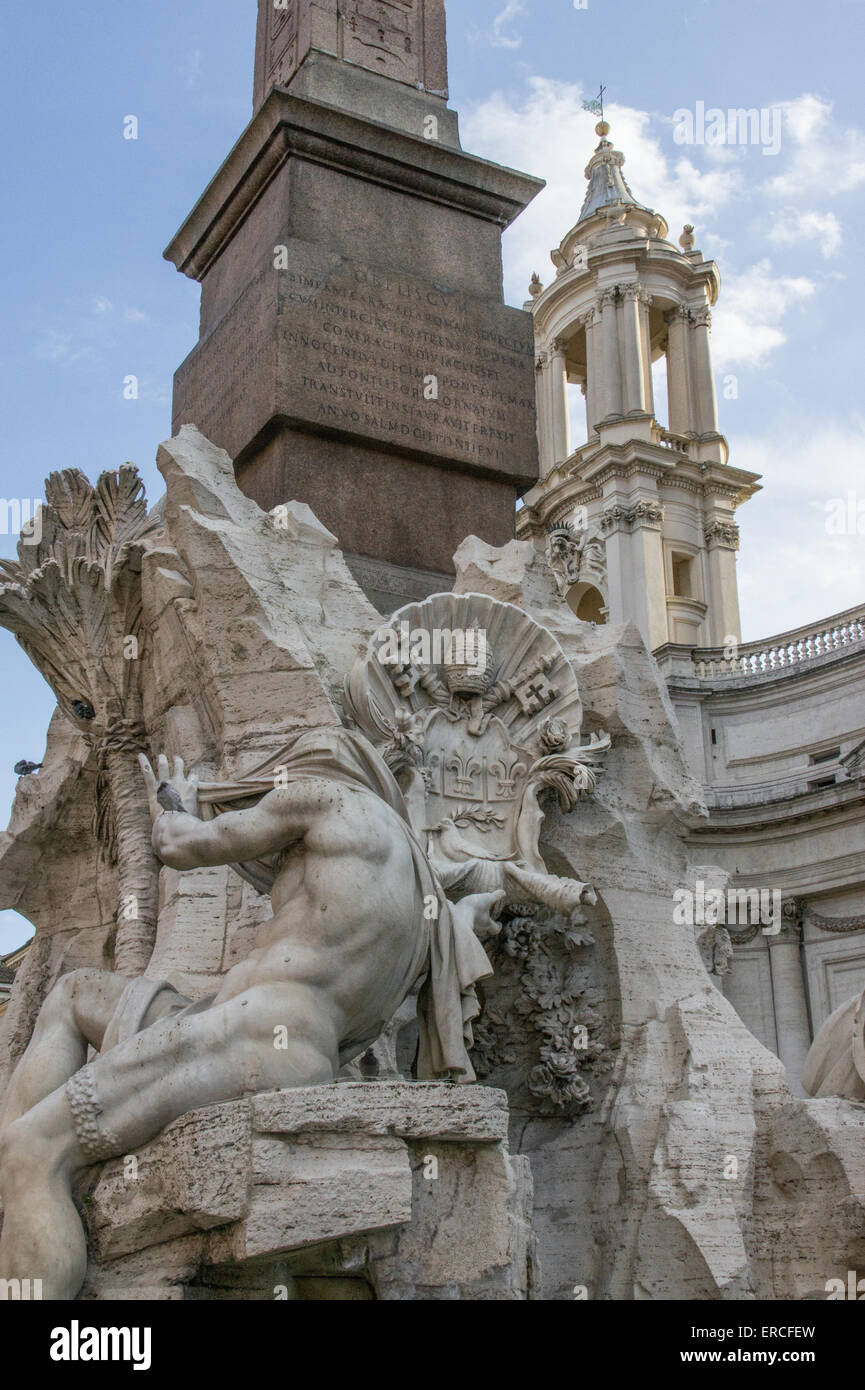 Fountain of the Four Rivers; Church of Sant'Agnese in Agone in the background. Stock Photo