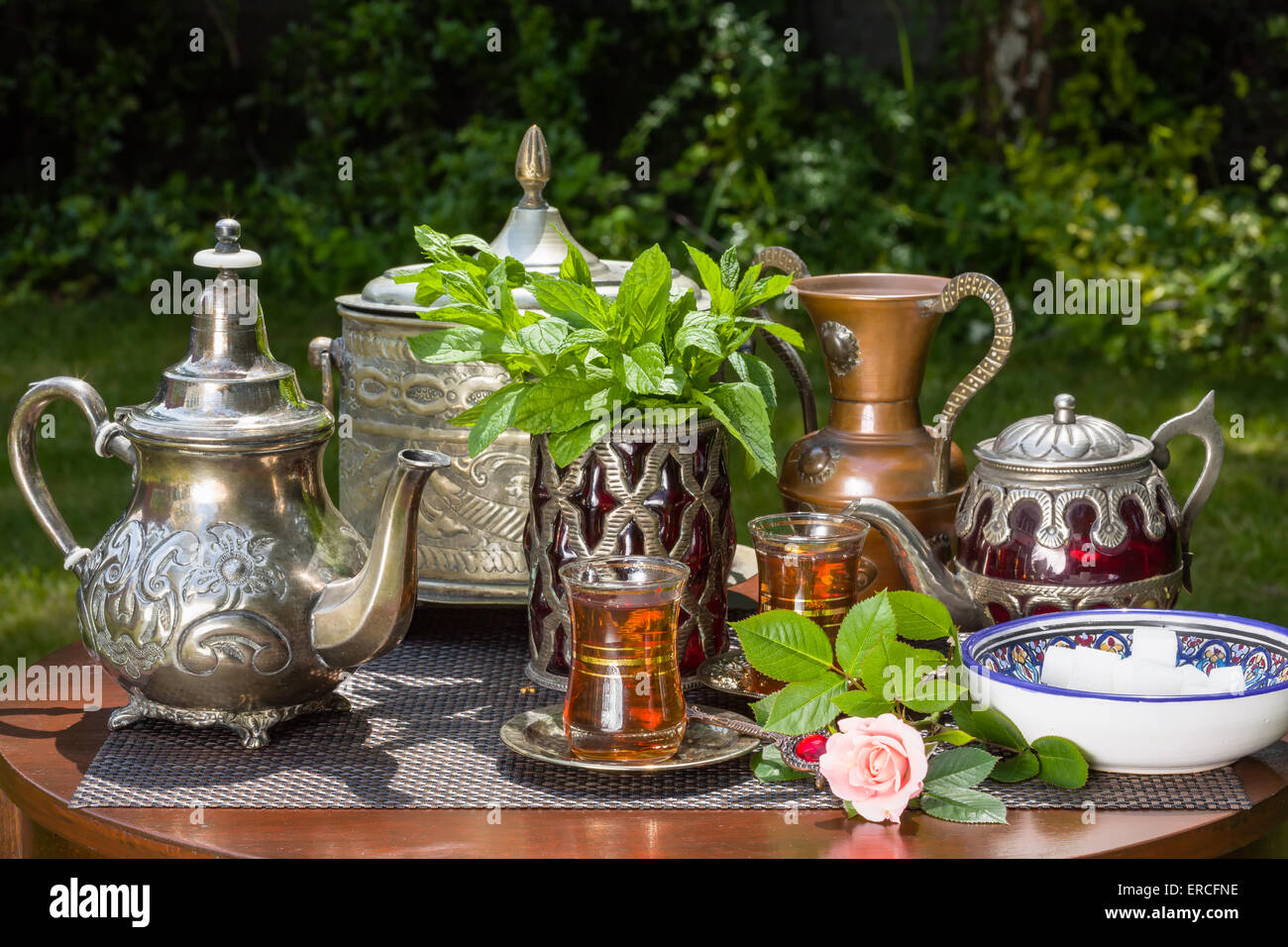 Arabian mint tea served in the summer garden Stock Photo