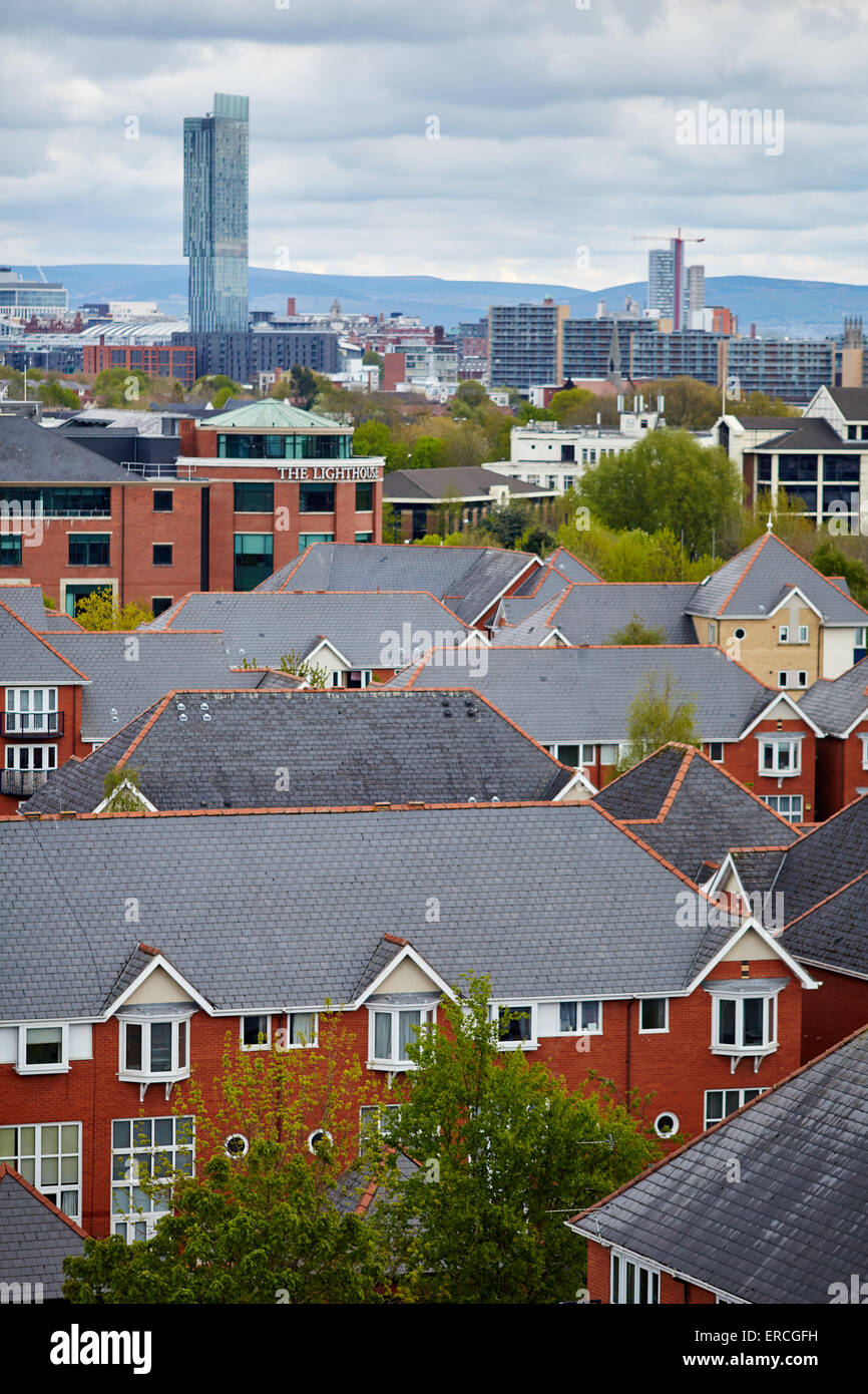 Manchester skyline from Salford Quays looking over the village tiled