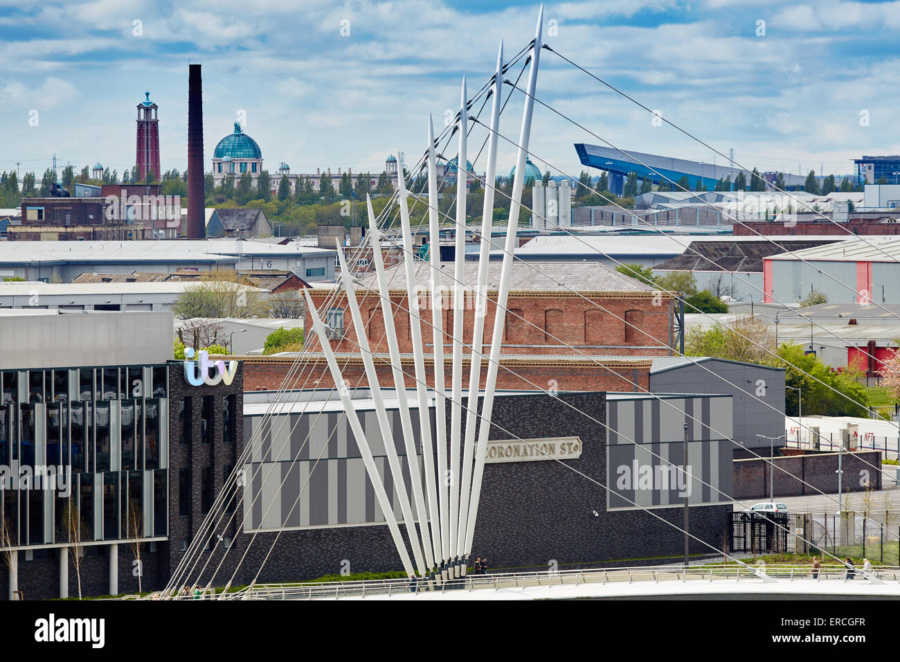 Salford Quays Media city ITV Coronation St sets from the outside with the Trafford centre behind   Architect  property propertie Stock Photo