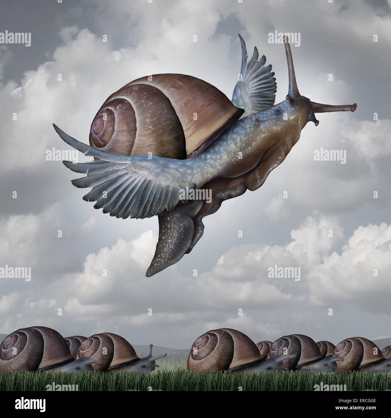 Advantage concept as a business metaphor with a surreal crowd of snails crawling slowly on the ground contrasted with a flying snail with wings as a symbol for competitive innovation and to rise above the rest. Stock Photo