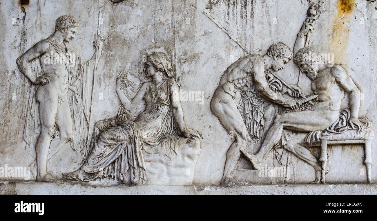 Relief of Telephus, Son of Hercules, founder of city of Herculaneum, Italy Stock Photo
