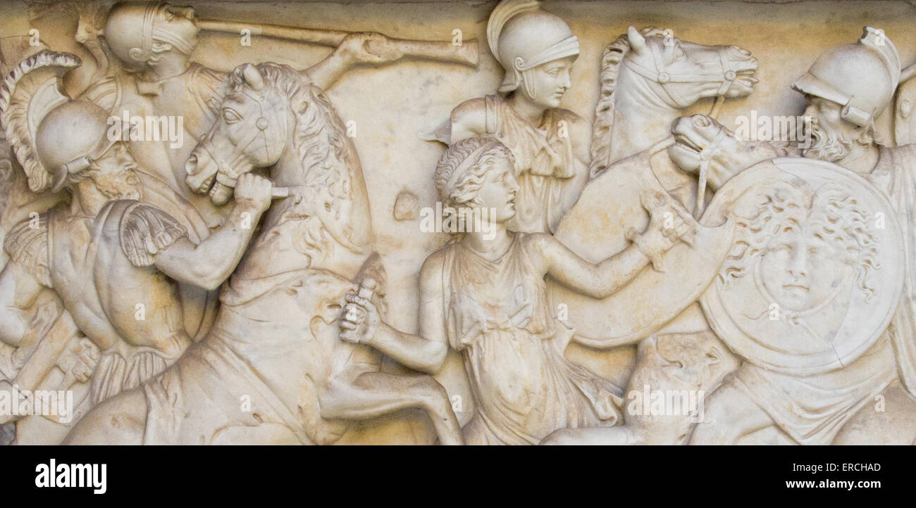 Ancient Roman battle scenes from the Sarcophagus of Saint Helen. Stock Photo