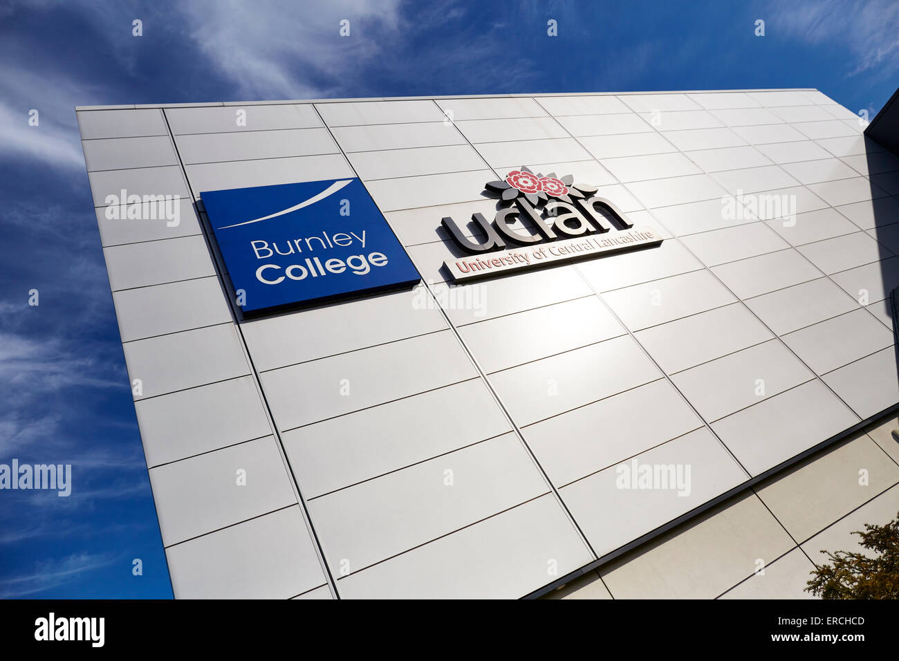 Burnley Sixth Form College sign and the Uclan logo    logo UK Great Britain British United Kingdom Europe European island Englan Stock Photo