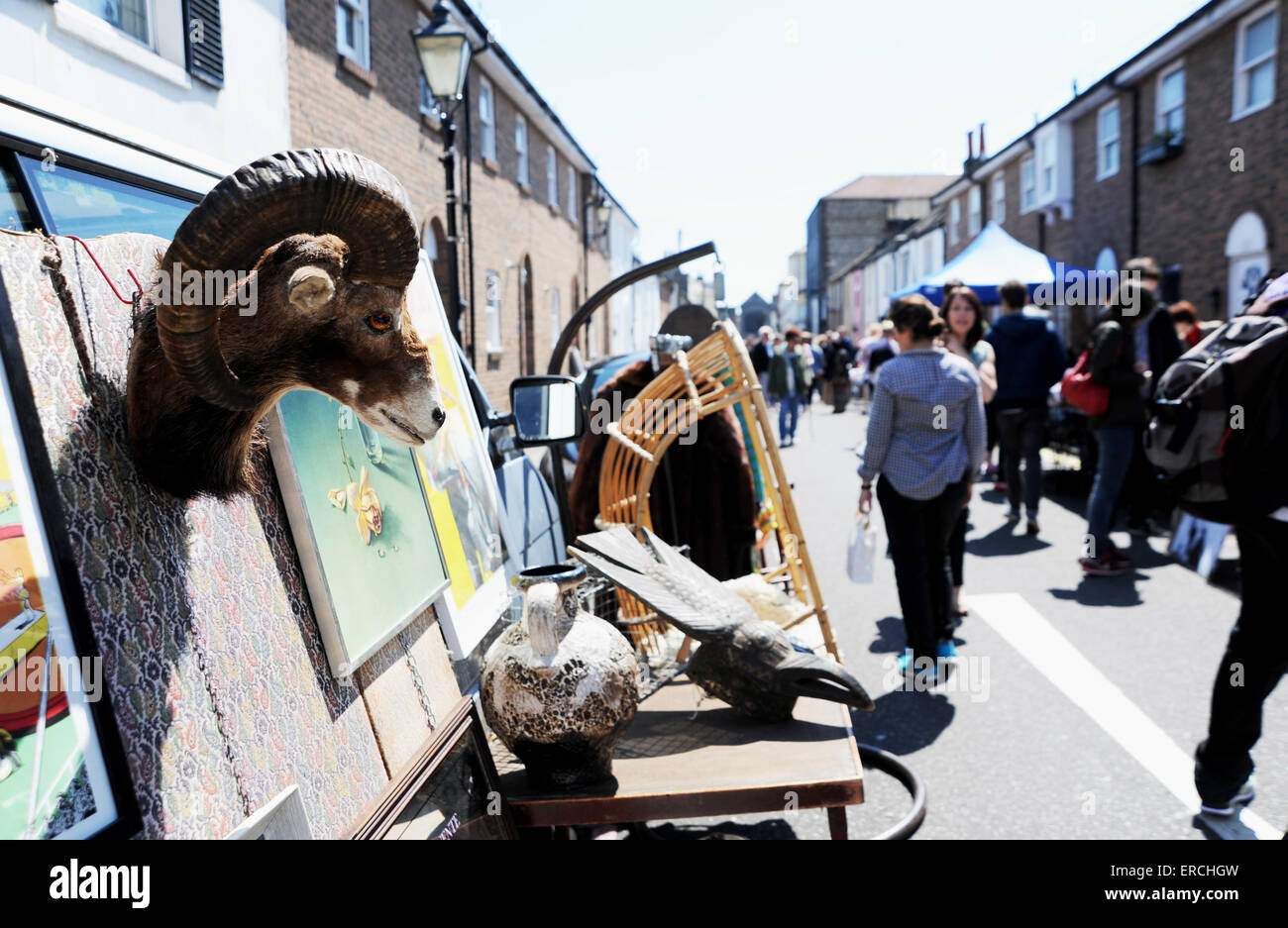 The Upper Gardner Street Saturday market in the North Laines area of Brighton bustling with