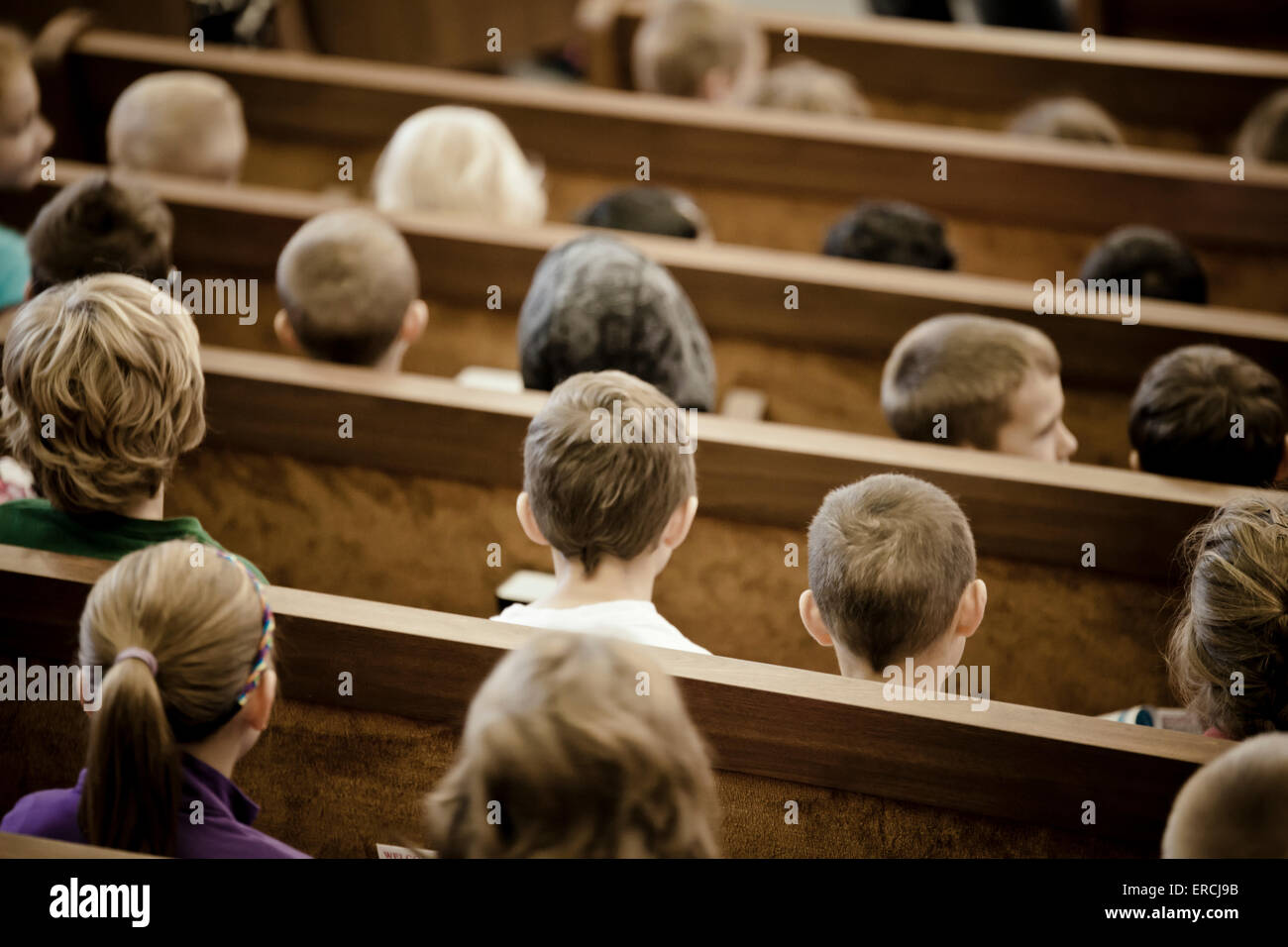 School students sit on benches during assembly. Stock Photo