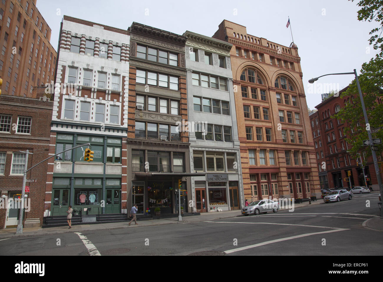 Nice old buildings on Hudson Street, Tribeca neighborhood in Manhattan, NYC. Name comes from, TRIangle BElow CAnal Stock Photo