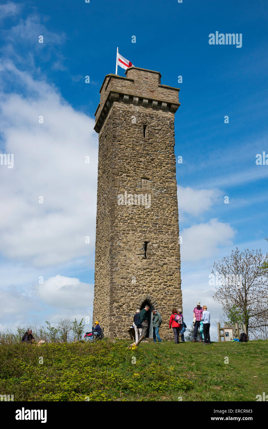 Visitors at the bottom of Flounders Folly on Callow Hill, Shropshire, England. Stock Photo