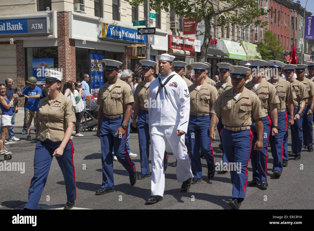 Navy men and women march in the Memorial Day Parade in Bay Ridge, Brooklyn, NY. Stock Photo