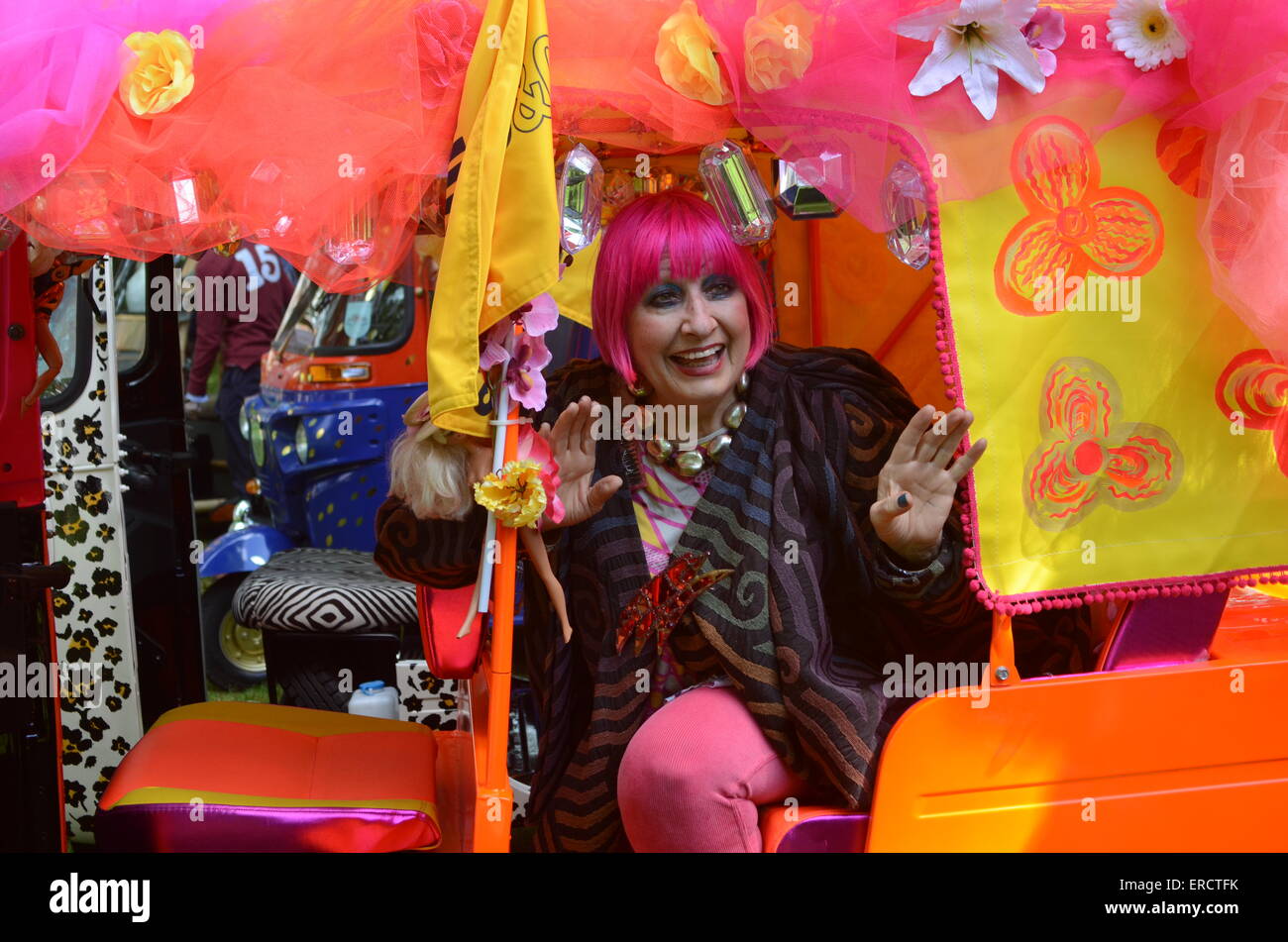London, UK. 1st June, 2015.  Zandra Rhodes. Goldie Hawn launches Travel to My Elephant conservation campaign in Manchester Square. ‘Travels to My Elephant, hosted by Quintessentially Foundation and Elephant Family, will see a 20 strong fleet of artist designed autorickshaws take over London’s roads for two months this Summer in a bid to save Asia’s magnificent elephants. Credit:  JOHNNY ARMSTEAD/Alamy Live News Stock Photo