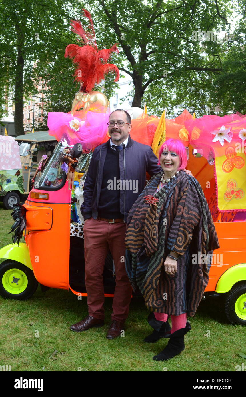 London, UK. 1st June, 2015.  Zandra Rhodes. Goldie Hawn launches Travel to My Elephant conservation campaign in Manchester Square. ‘Travels to My Elephant, hosted by Quintessentially Foundation and Elephant Family, will see a 20 strong fleet of artist designed autorickshaws take over London’s roads for two months this Summer in a bid to save Asia’s magnificent elephants. Credit:  JOHNNY ARMSTEAD/Alamy Live News Stock Photo