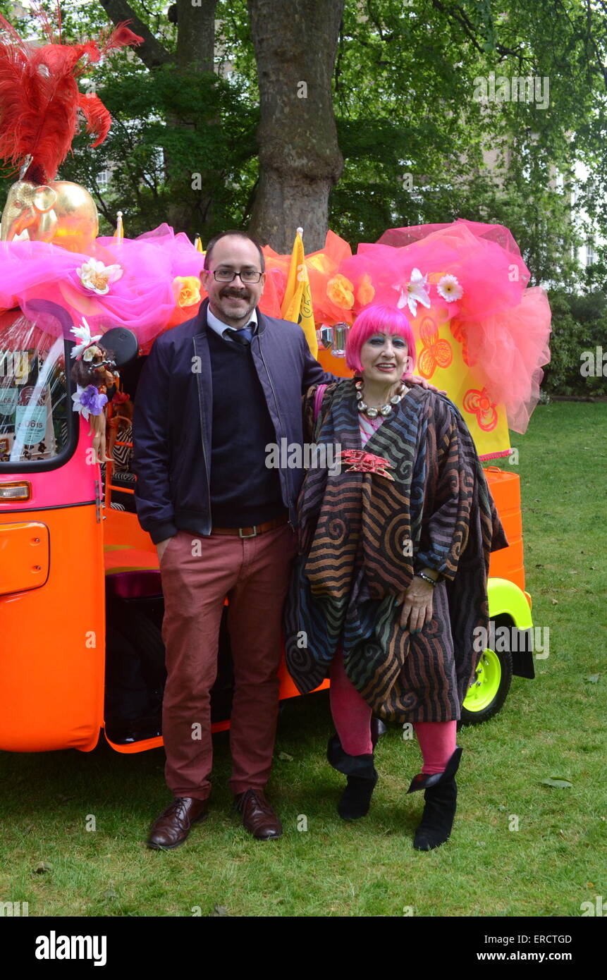 London, UK. 1st June, 2015.  Zandra Rhodes. Goldie Hawn launches Travel to My Elephant conservation campaign in Manchester Square. ‘Travels to My Elephant, hosted by Quintessentially Foundation and Elephant Family, will see a 20 strong fleet of artist designed autorickshaws take over London’s roads for two months this Summer in a bid to save Asia’s magnificent elephants. Credit:  JOHNNY ARMSTEAD/Alamy Live News Stock Photo