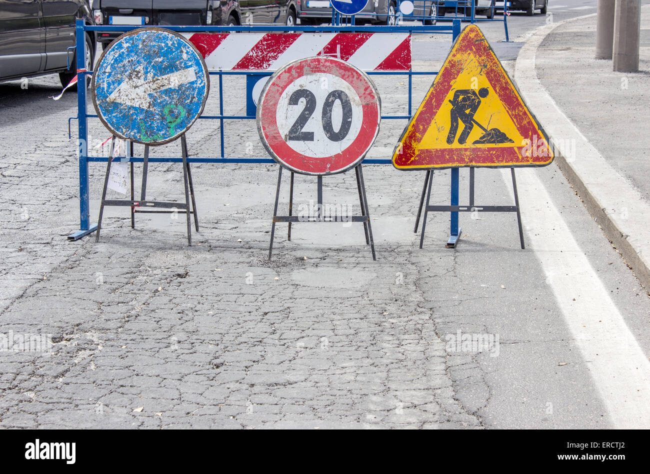 Road construction site with traffic signs Stock Photo