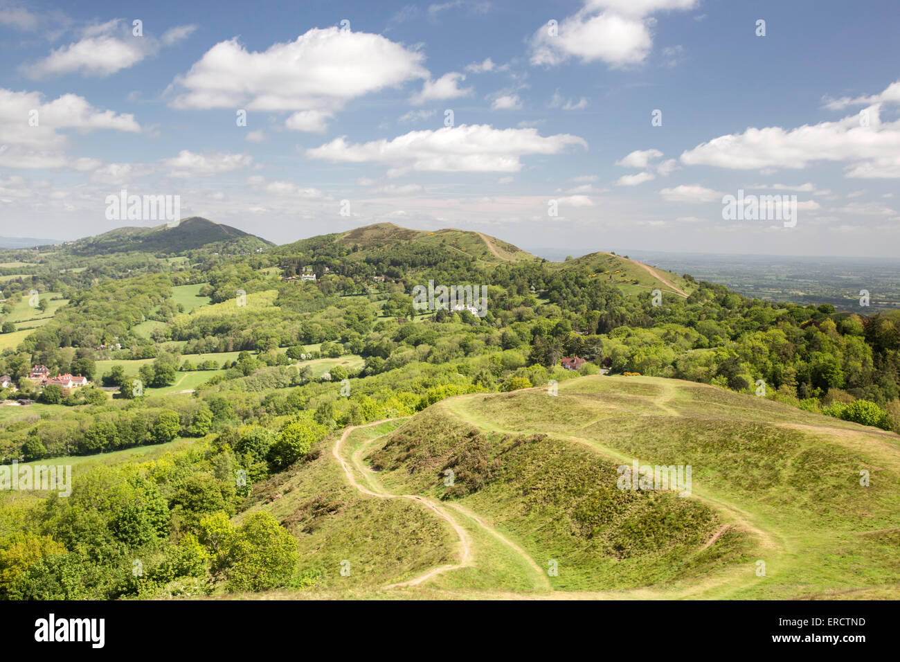 Springtime on the Malvern Hills looking north towards the Worcestershire Beacon, from British camp, Worcestershire, England. UK Stock Photo