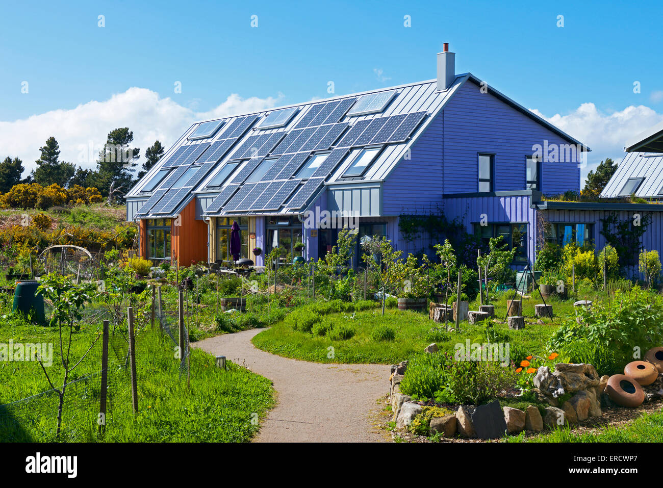 Houses in ecovillage, Findhorn Foundation, Moray, Scotland UK Stock