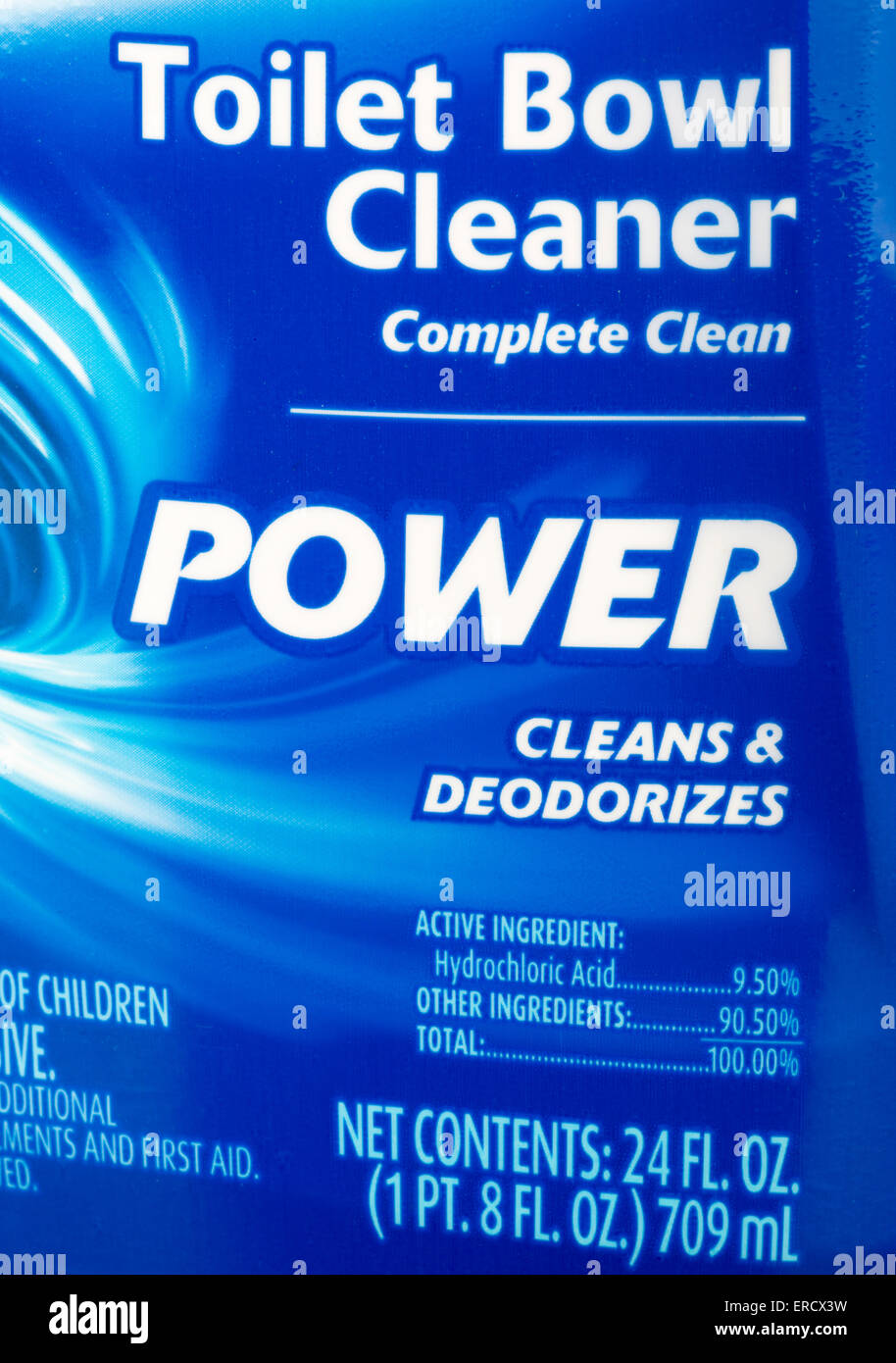 Toilet bowl cleaner label showing Hydrochloric Acid as the active