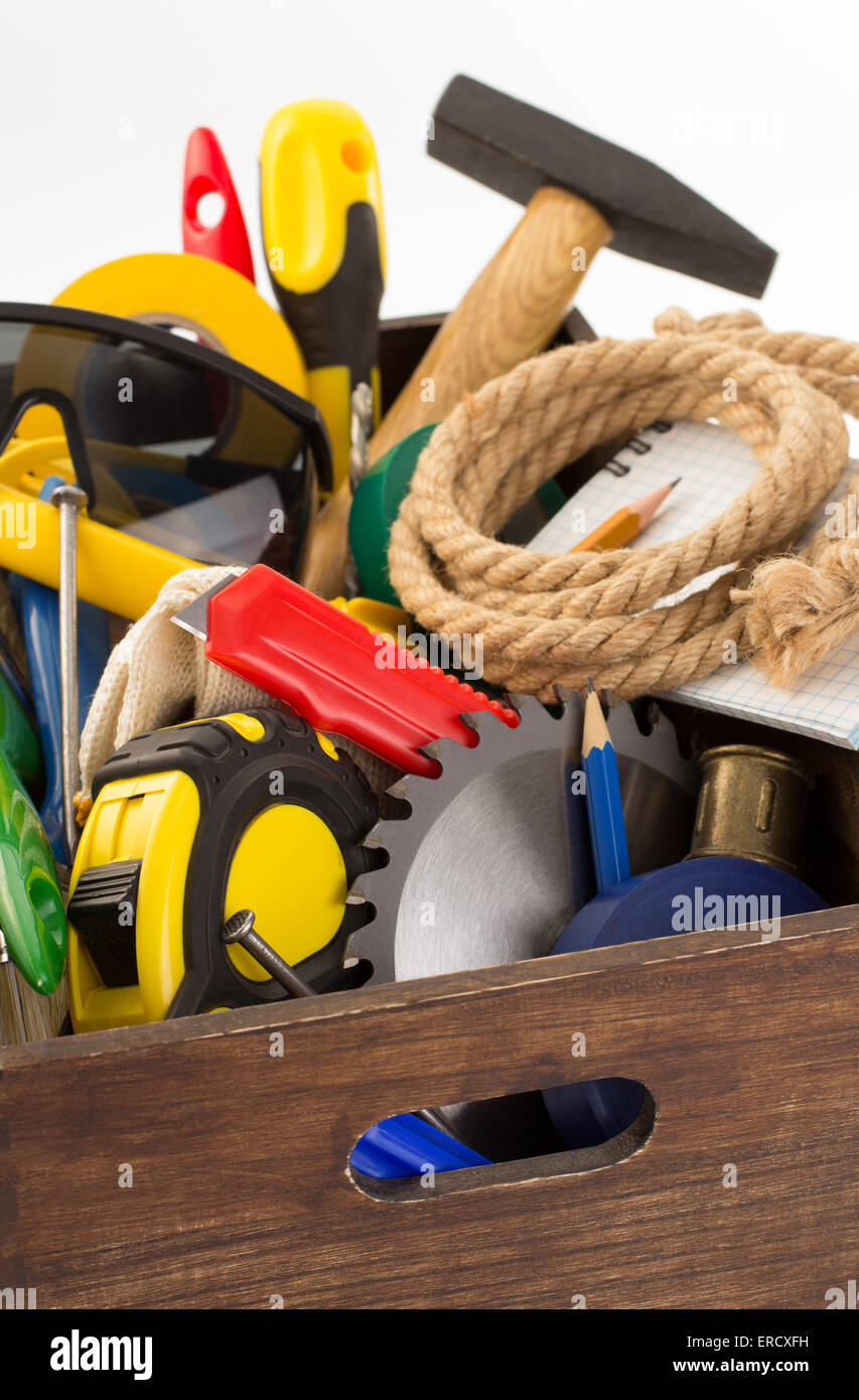 set of tools and instruments in toolbox isolated on white background ...