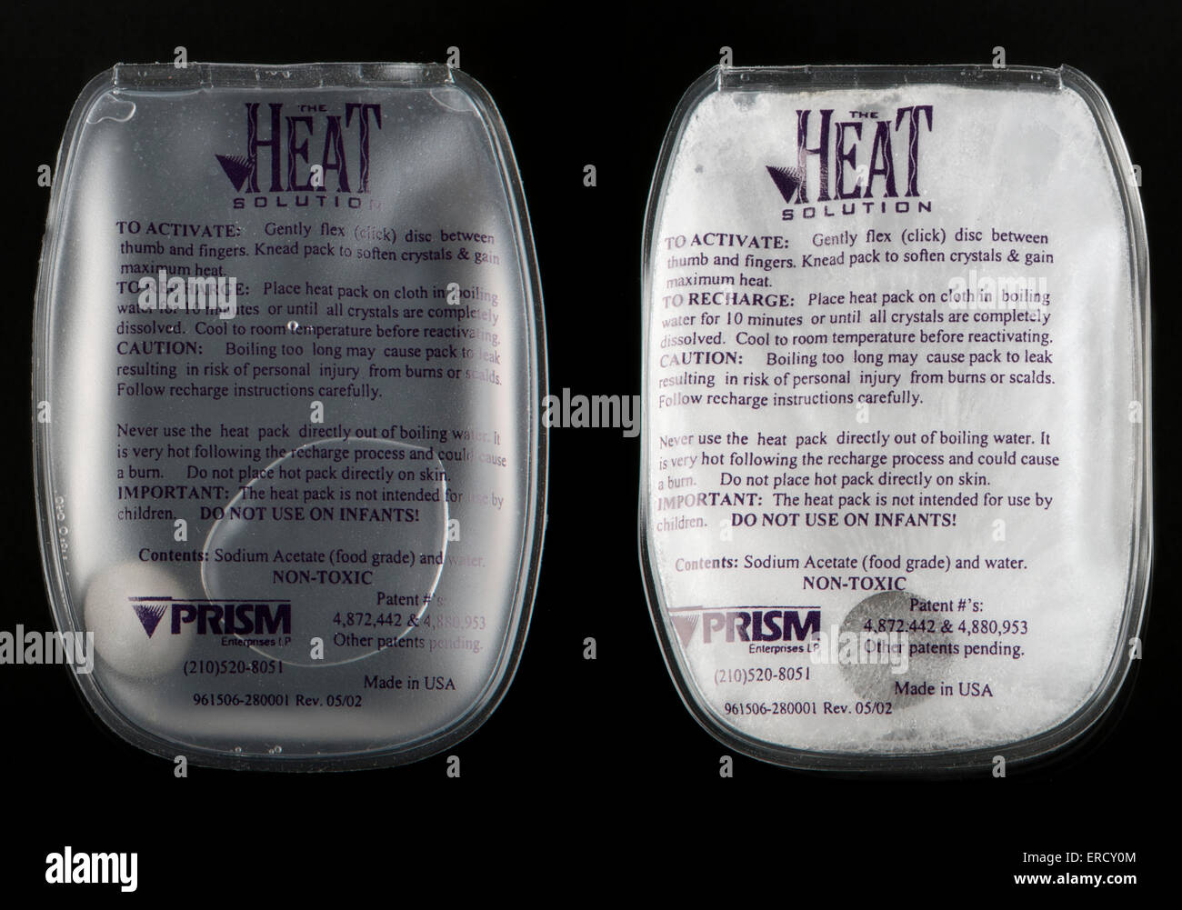 Instant re-usable heat pack made with sodium acetate.  Boil to recharge. Stock Photo