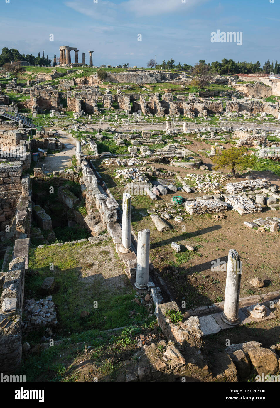 Looking across the site of Ancient Corinth with the 5th cen. BC Temple of Apollo in the background Ancient  Corinth, Peloponnese Stock Photo