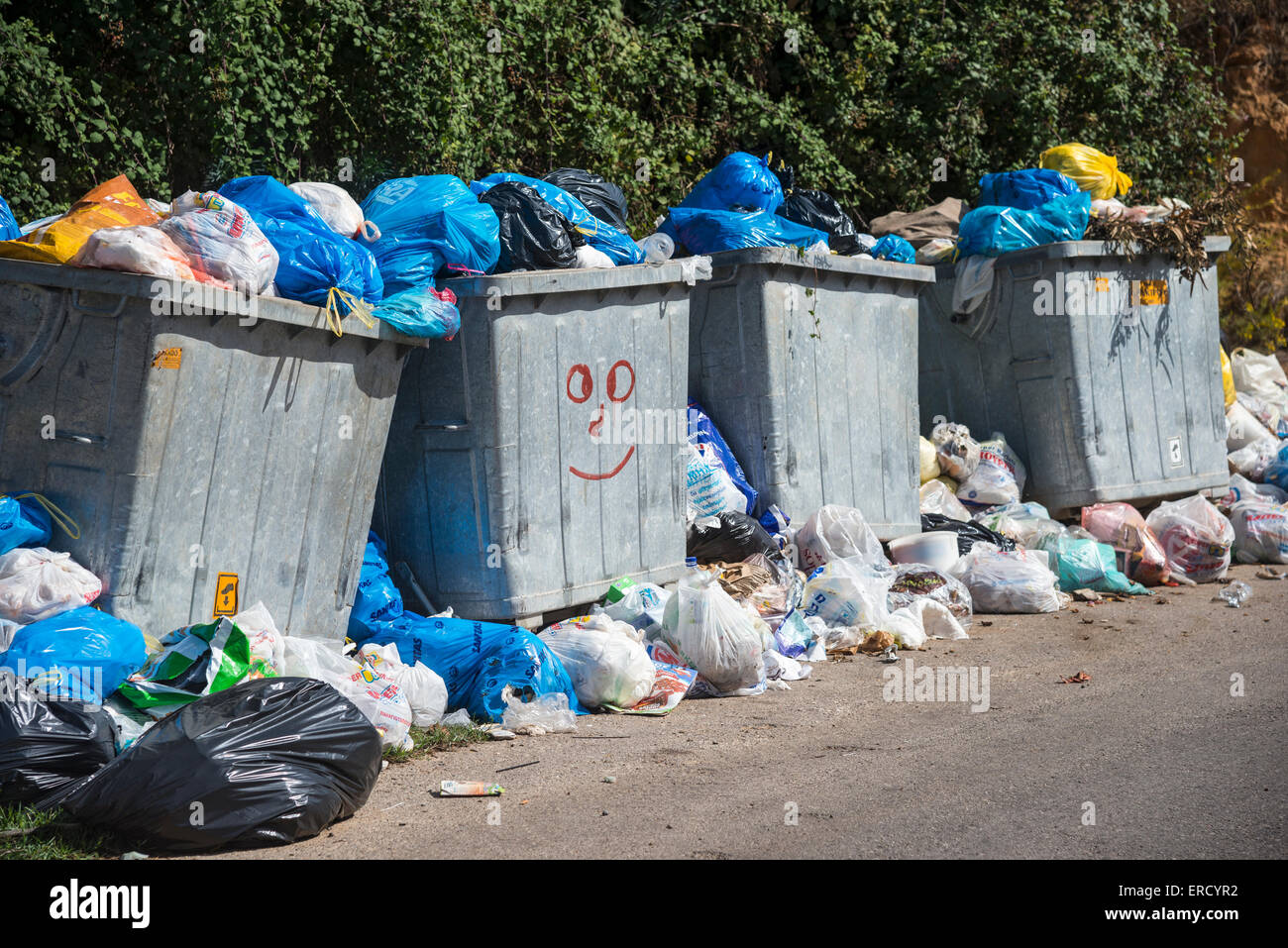 Overflowing rubbish bins waiting to be emptied, Outer Mani, Messenia