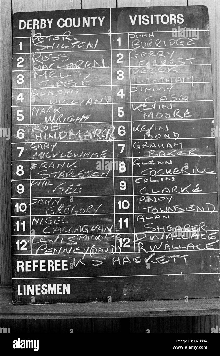English League Division One match at the Baseball Ground. Derby County 2 v Southampton 0.  The old Derby County chalkboard reveals the two line-ups for that game, with both sides able to call on some big names.  23rd April 1988. Stock Photo