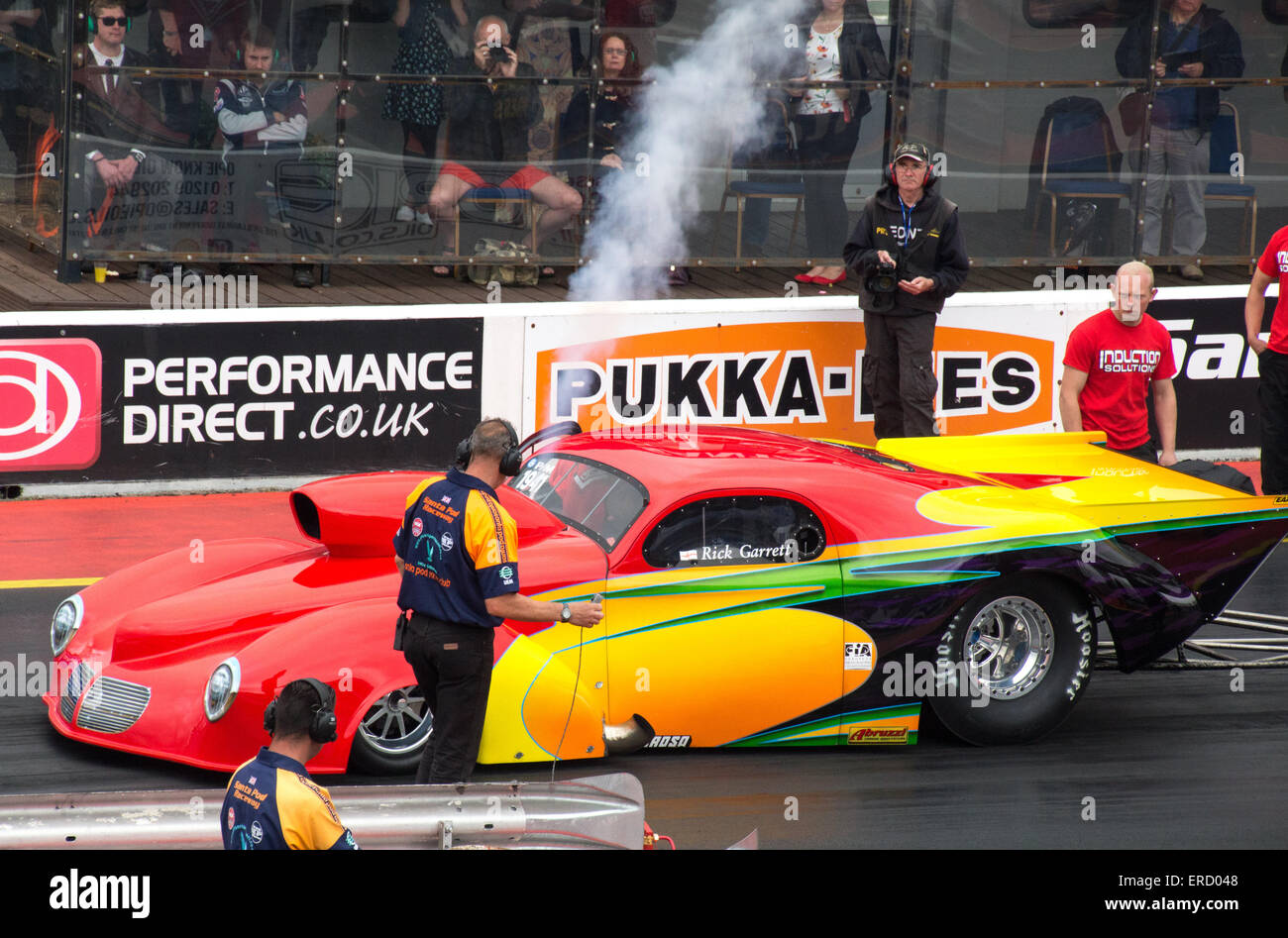 Nitrous oxide blast from the Willis coupe at Santa Pod's FIA Main Event, May 2015 Stock Photo