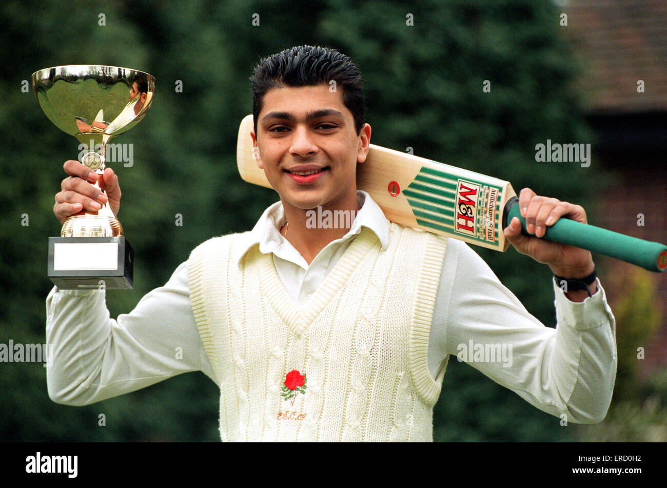 Young Cricket Star Anurang Singh from Walsall, with his Lord Tavenors trophy. 1st April 1994. Stock Photo