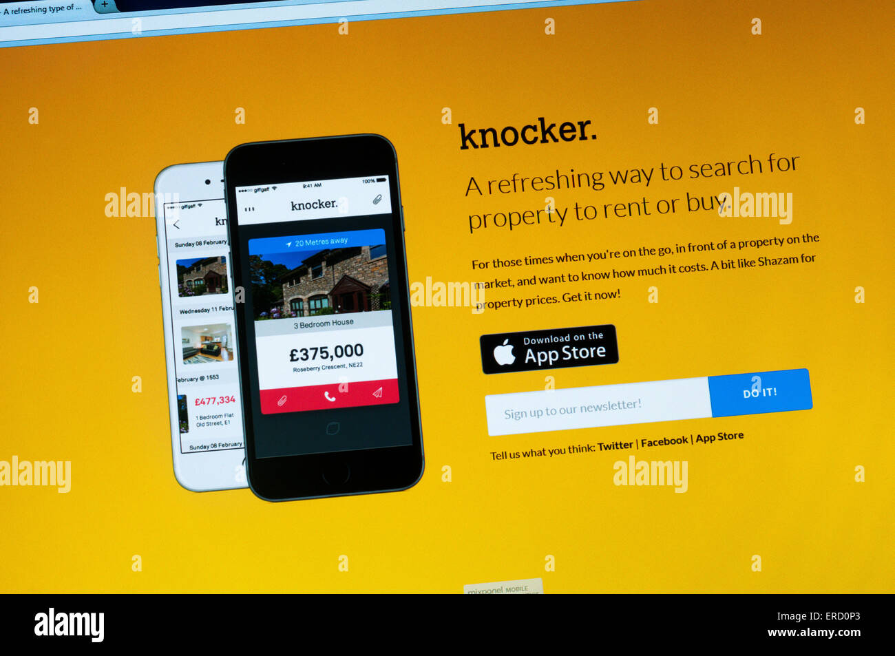 The home page of the Knocker estate agency app web site. Stock Photo