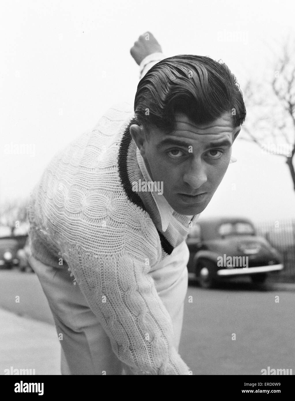 Yorkshire and England fast bowler Freddie Trueman ahead of the upcoming Ashes test series against Australia. 18th April 1953. Stock Photo
