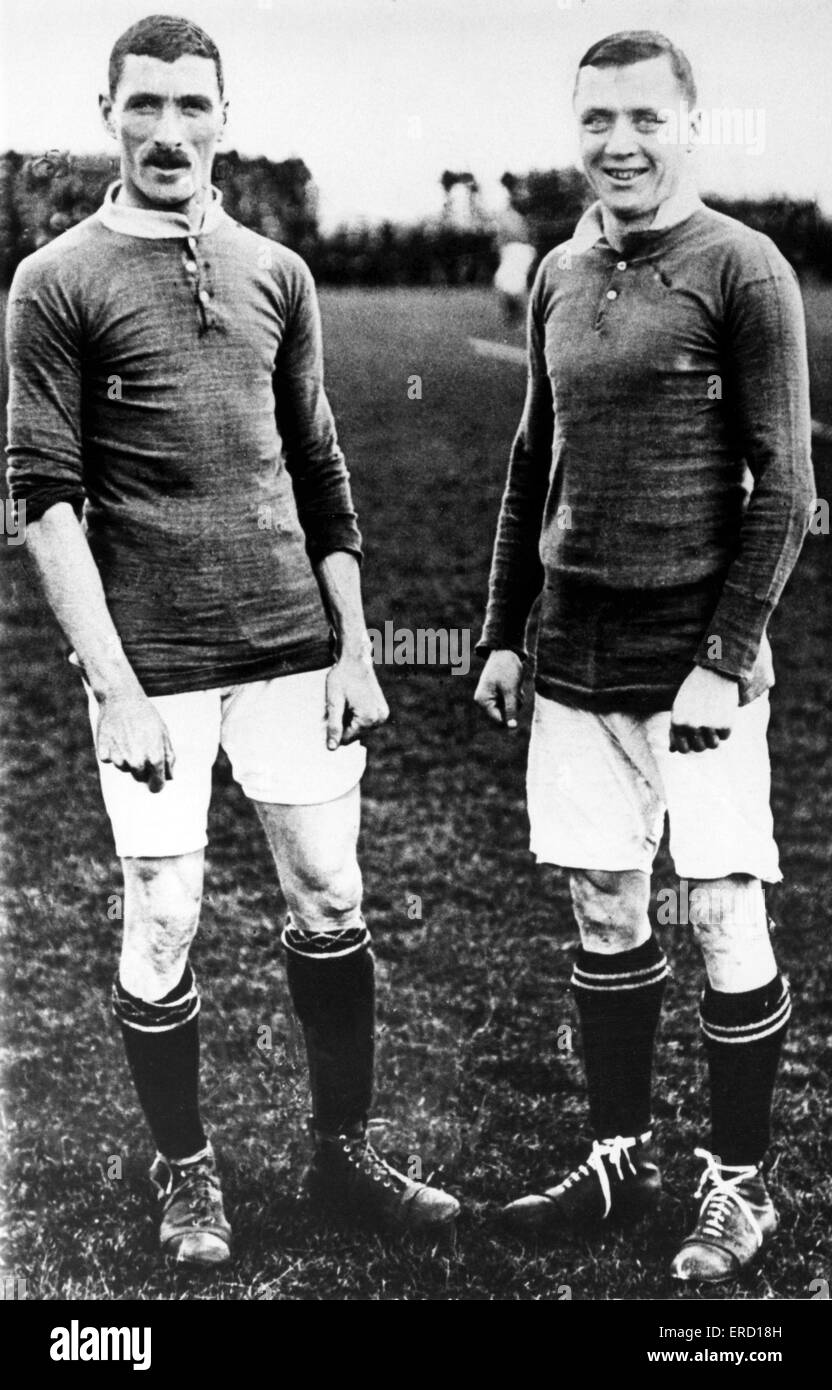 Football players Billy Meredith of Manchester United and Wales and Steve Bloomer of Derby County and England, circa 1902. Stock Photo