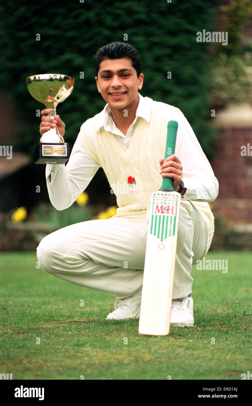 Young Cricket Star Anurang Singh from Walsall, with his Lord Tavenors trophy. 1st April 1994. Stock Photo