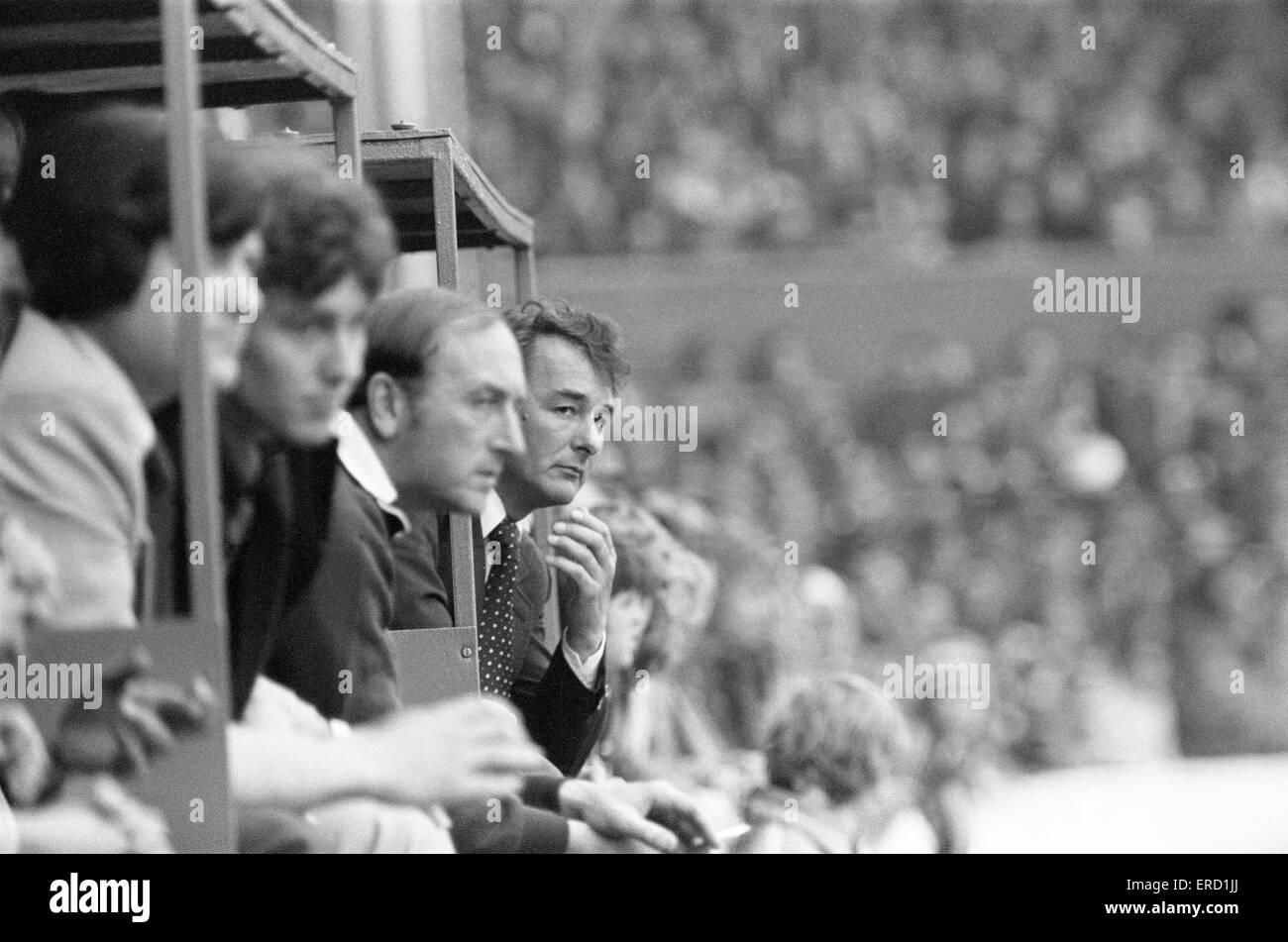 FA Cup Quarter Final match at the Hawthorns. West Bromwich Albion 2 v Nottingham Forest 0.  Forest manager Brian Clough watching the action from the bench.  11th March 1978. Stock Photo