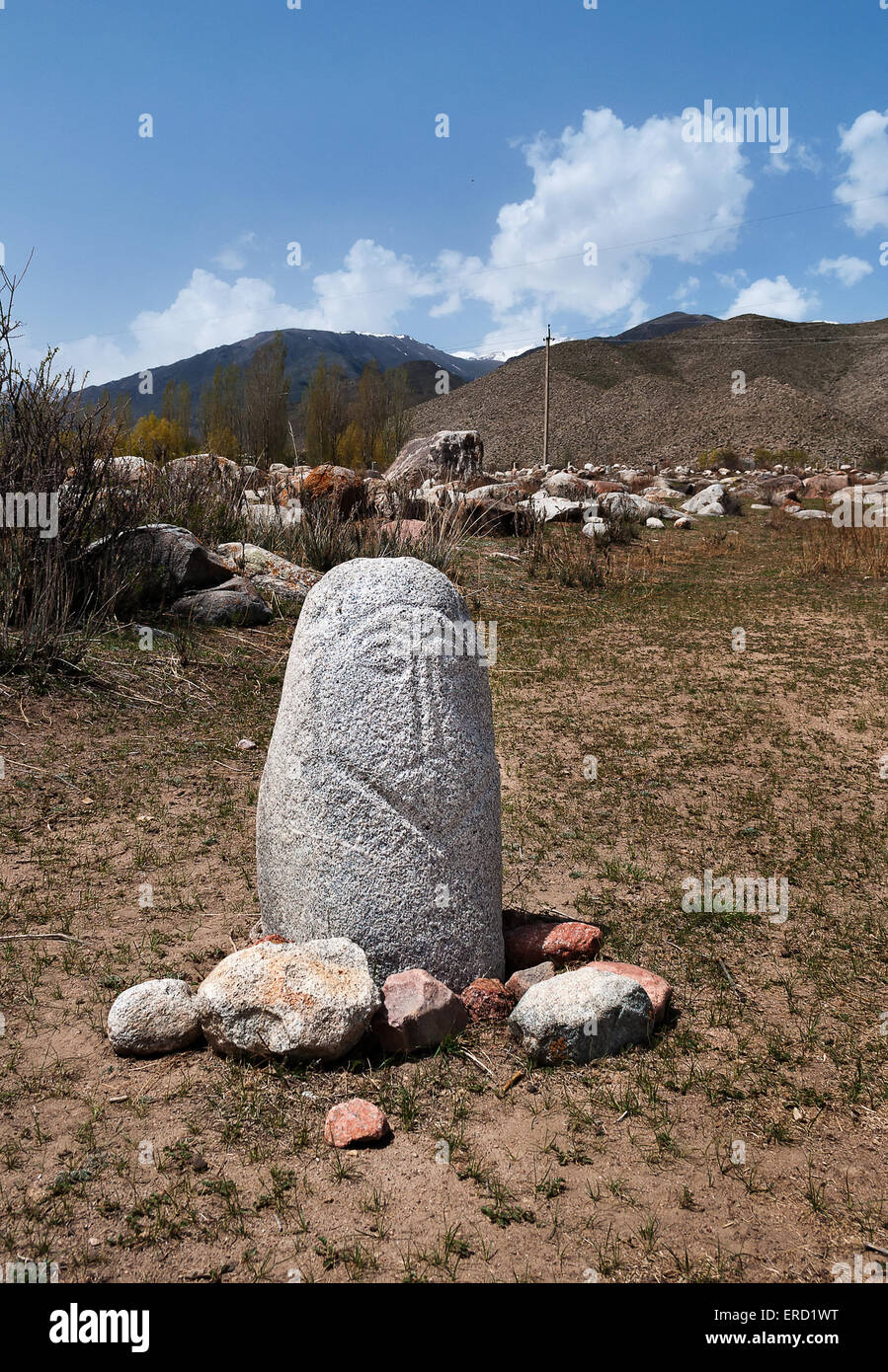 Ancient balbal statue. Dating from 8 th c BC - 5 th c. AN and located in Cholpon Ata, Issyk-Kul, Kyrgyzstan Stock Photo