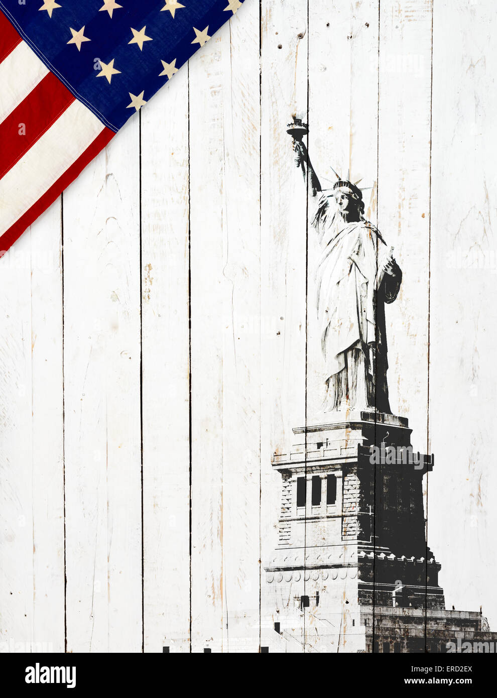 Flag of the United States of America with Statue of Liberty on white wood Stock Photo