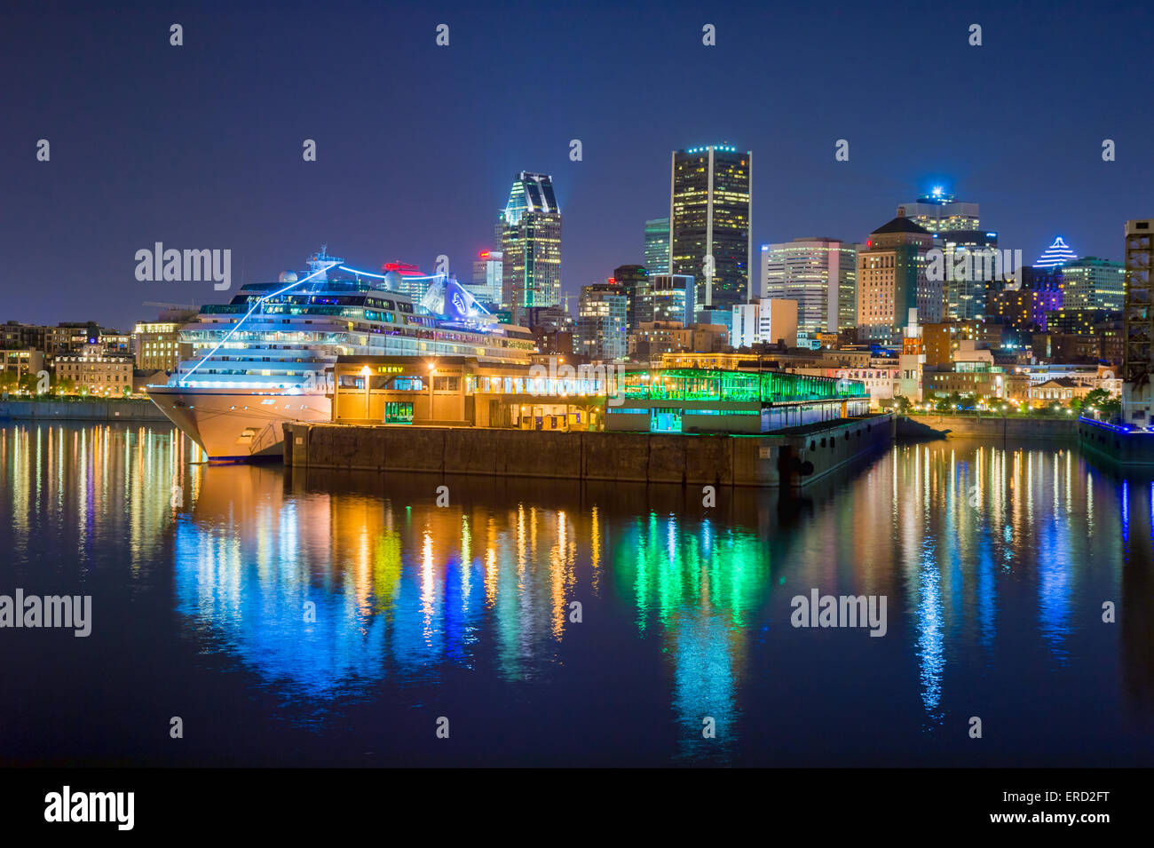 Montreal port and skyline viewed from Saint Lawrence Seaway, with Marina Cruise ship docked
