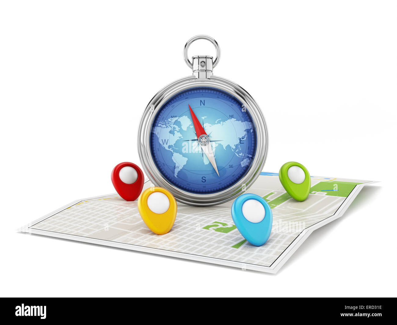 Navigation map with compass and markers isolated Stock Photo