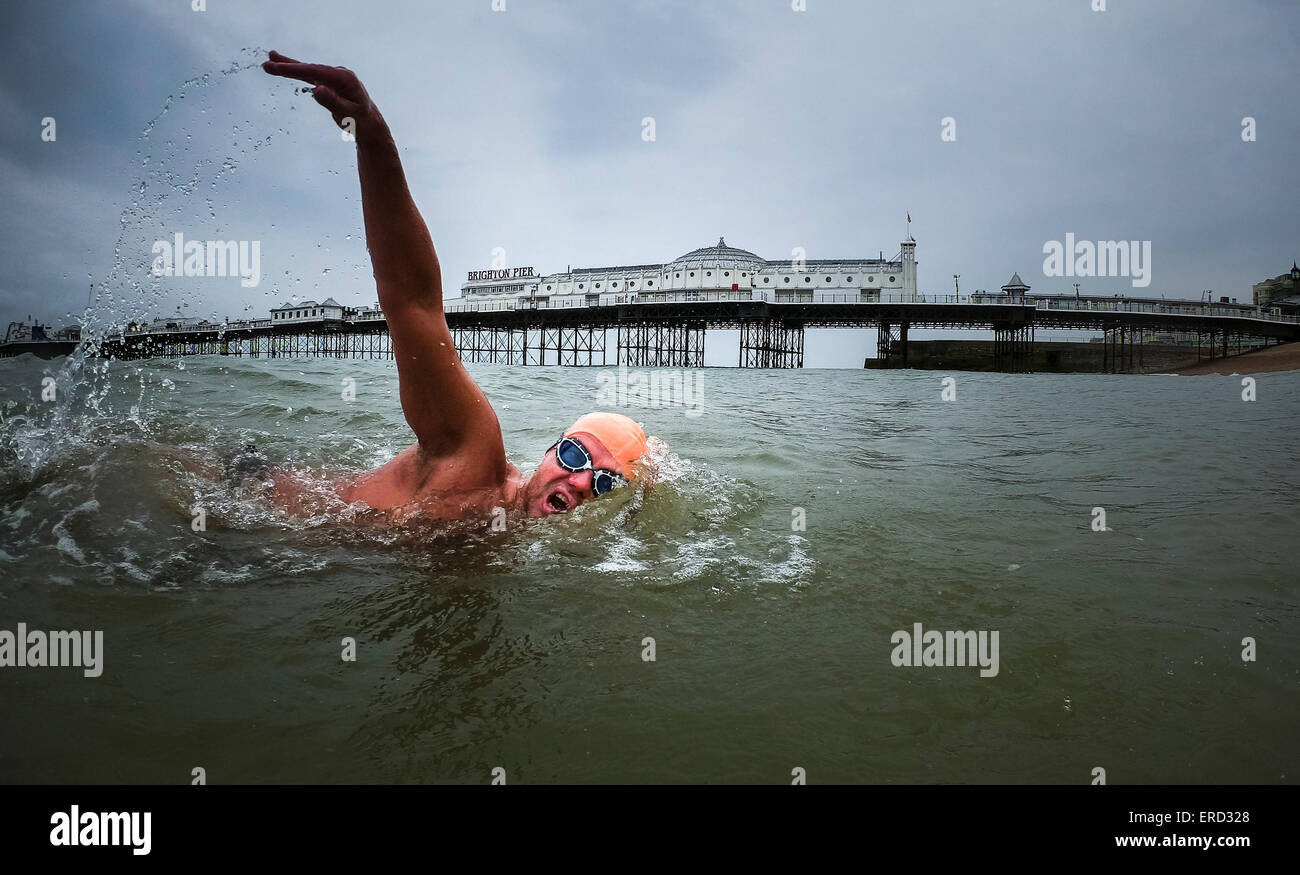 Simon Cooke (47) from Brighton, returns from his daily training outing as he gets ready to swim the English Channel. Stock Photo