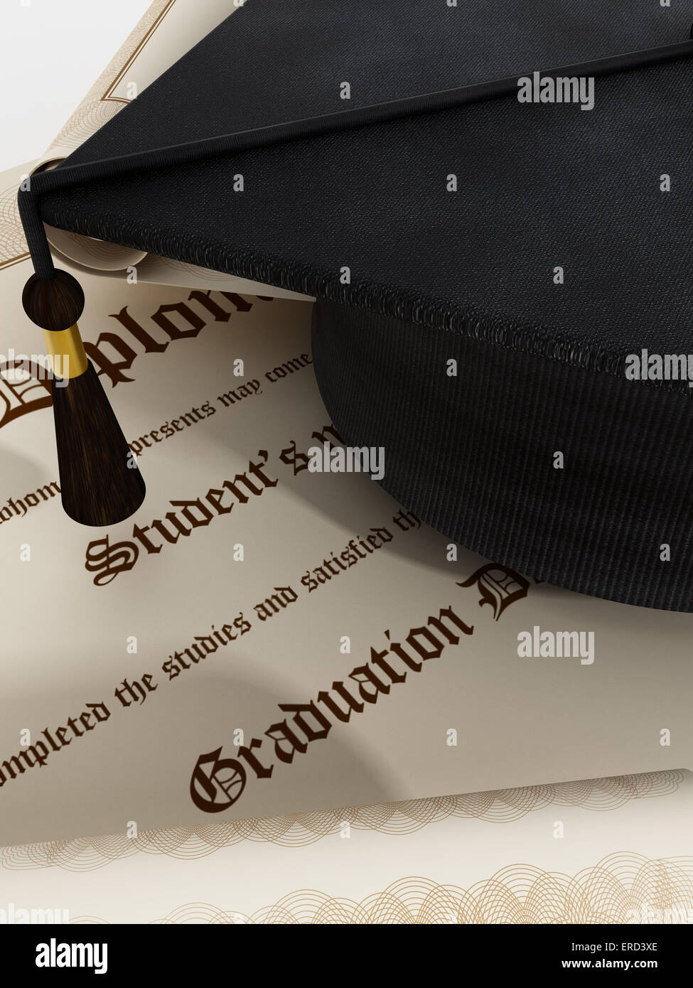Graduation concept with diploma and mortarboard Stock Photo - Alamy