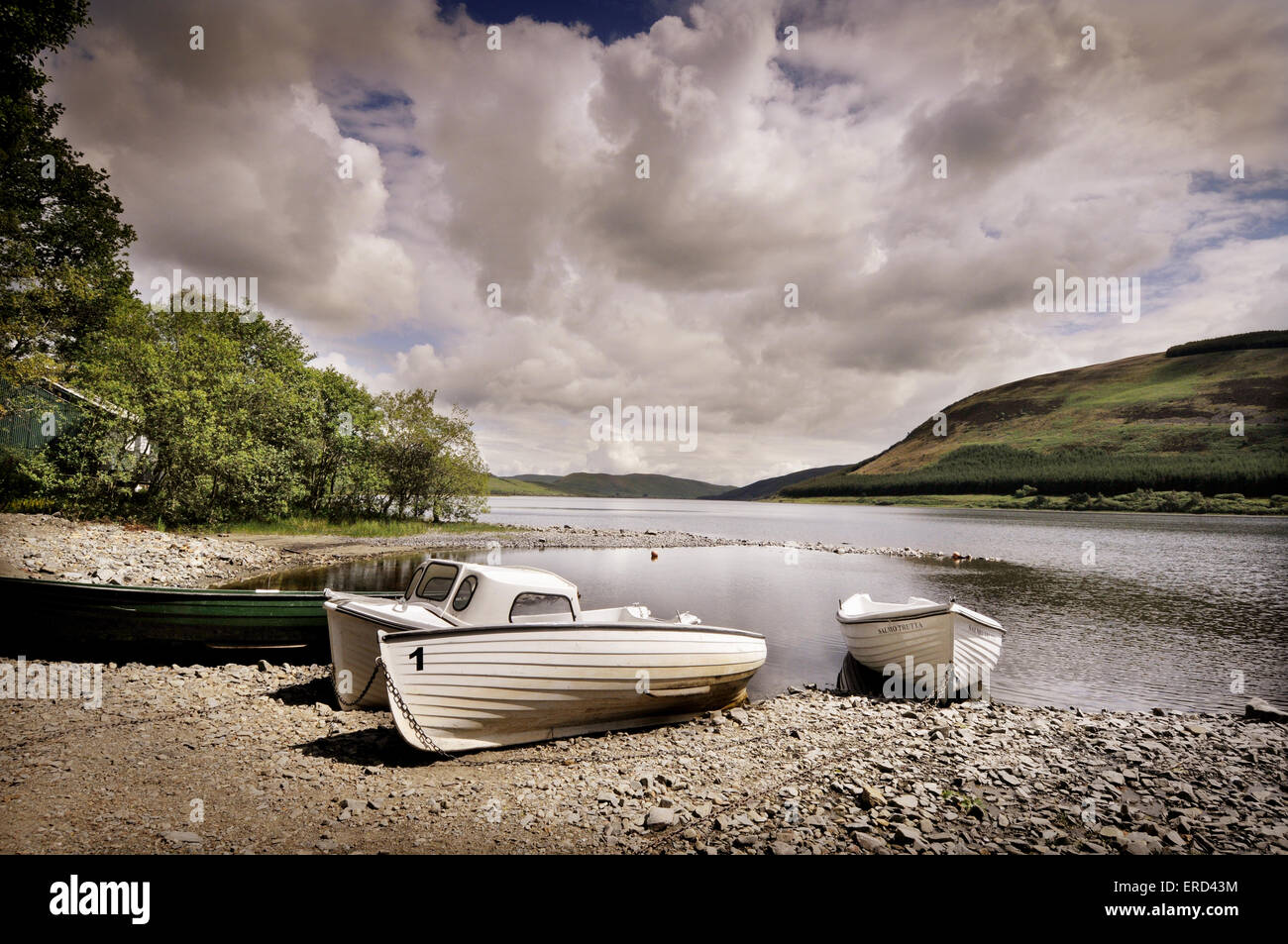 Boats at St Mary's Loch, Selkirk, Selkirkshire, Scottish Borders Stock Photo