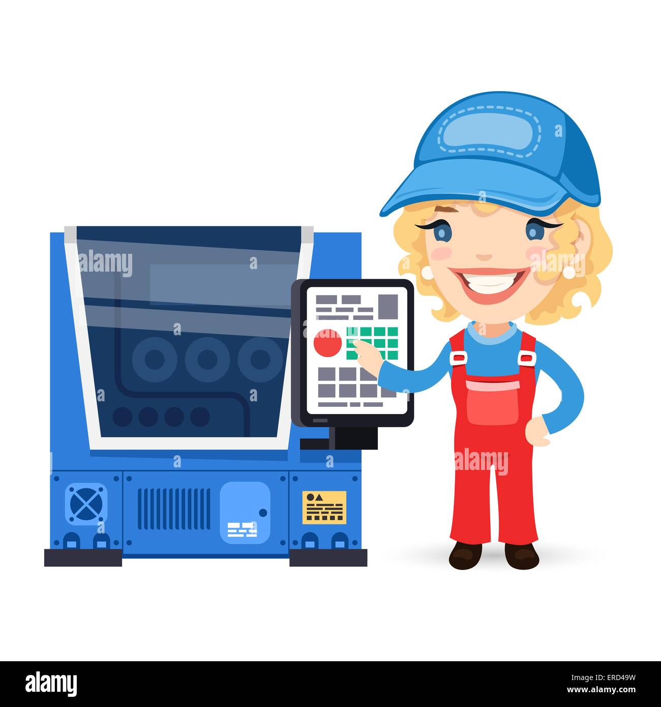 Female Factory Worker is Setting Up CNC Machine Stock Vector