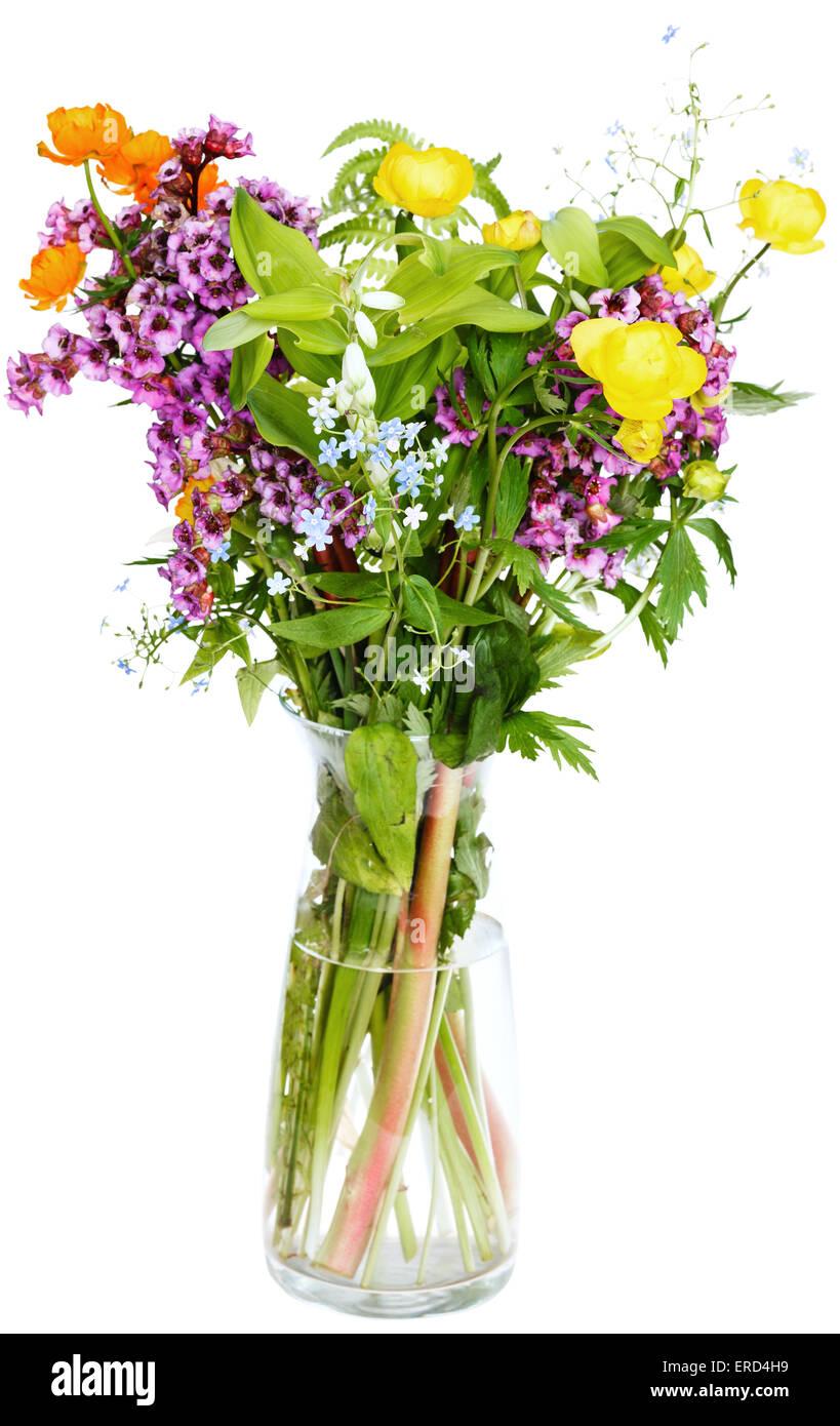 nosegay of summer fresh natural flowers in glass vase on white background Stock Photo