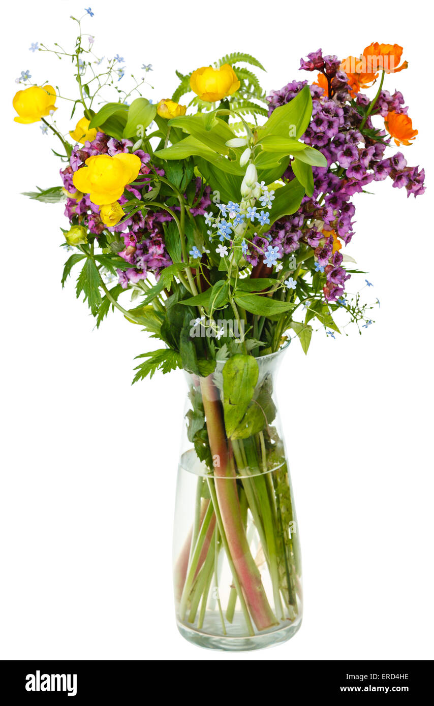 bouquet of summer wild flowers in glass vase on white background Stock Photo